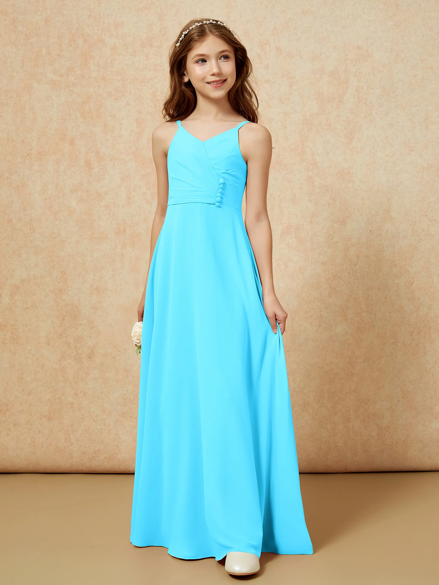 V-neck Pleated Chiffon Long Junior Bridesmaid Dresses Pool - Image 5