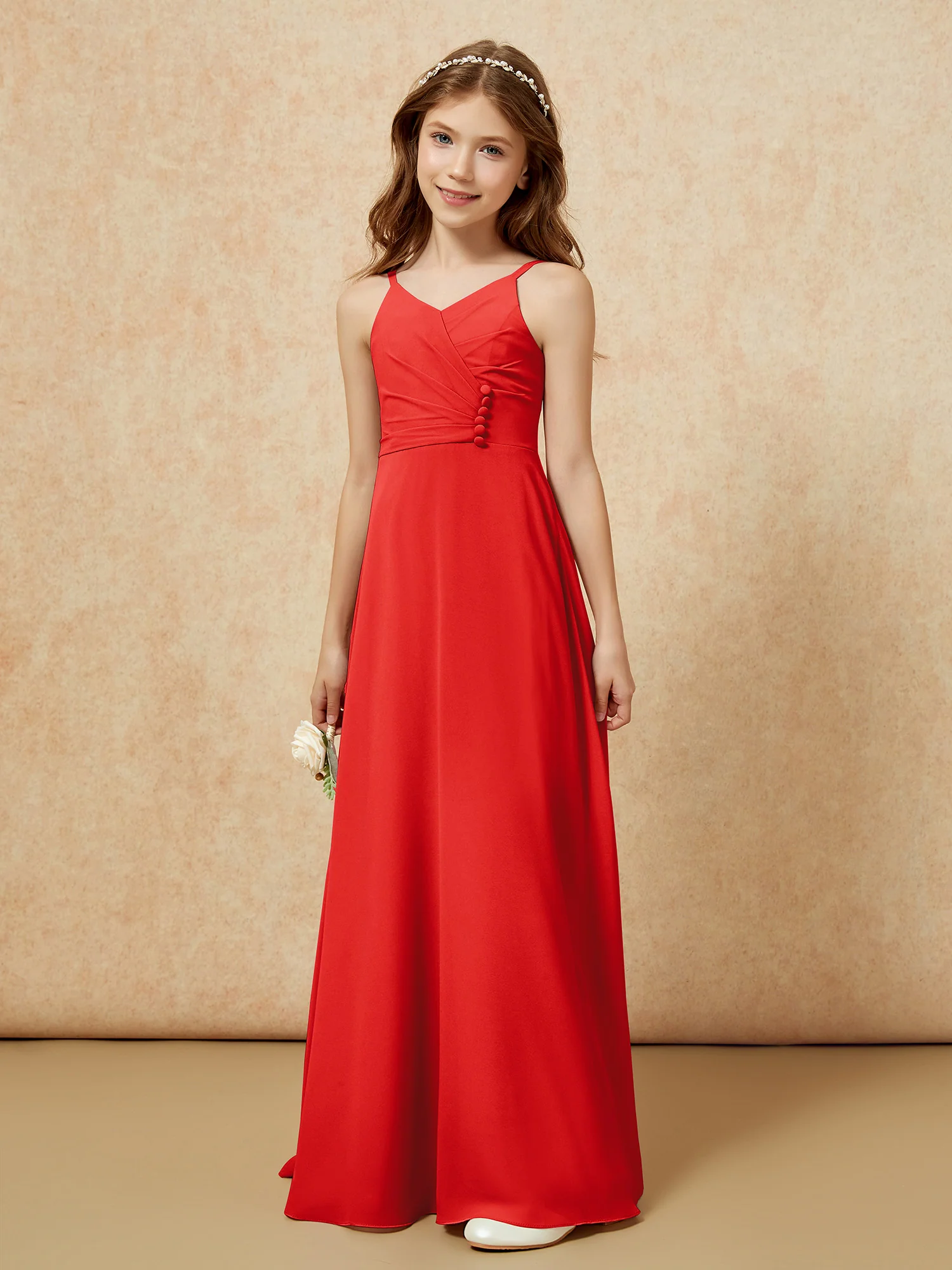 V-neck Pleated Chiffon Long Junior Bridesmaid Dresses Red
