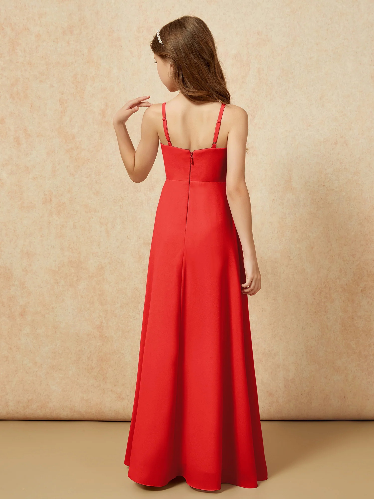 V-neck Pleated Chiffon Long Junior Bridesmaid Dresses Red - Image 2