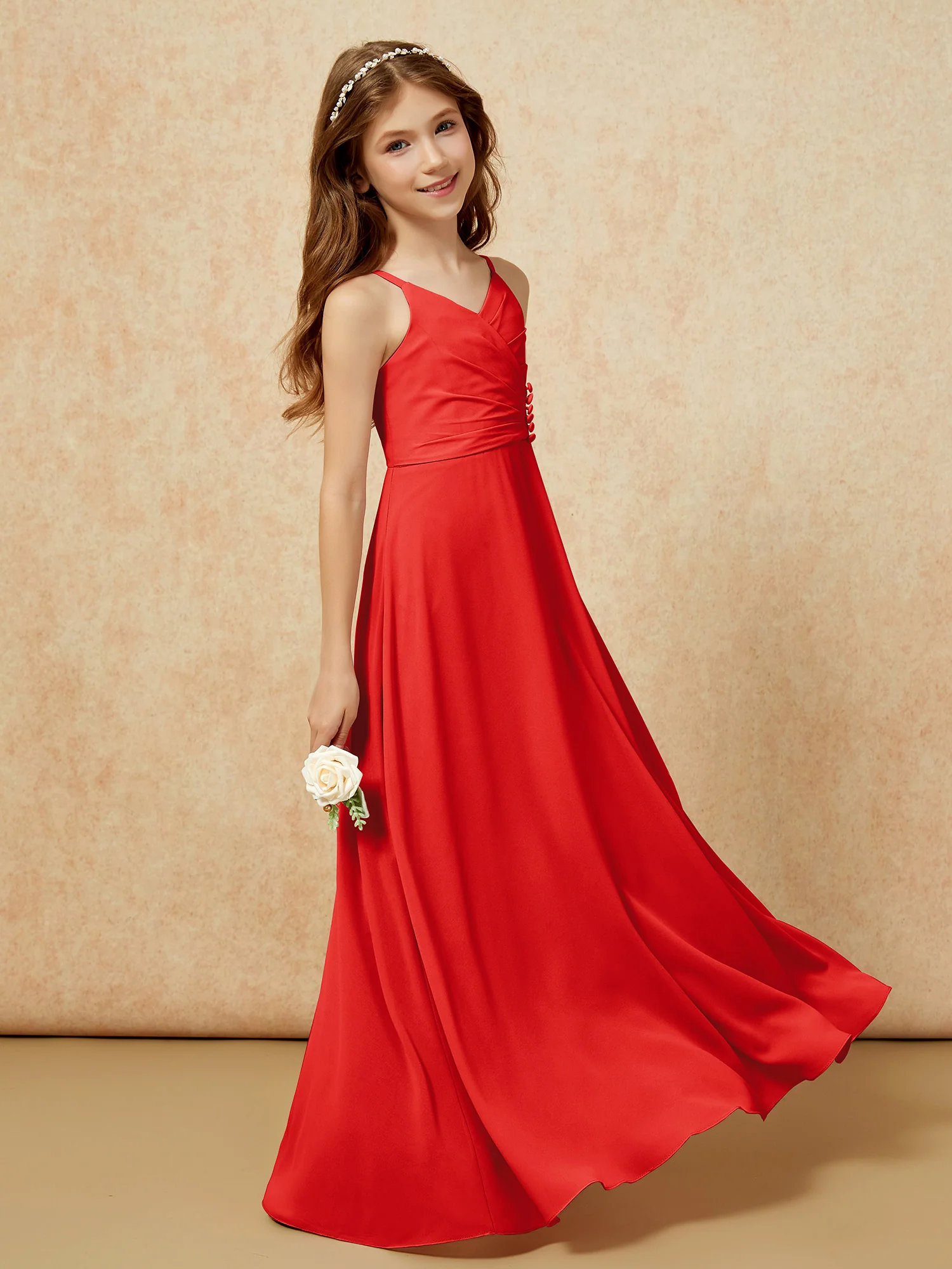 V-neck Pleated Chiffon Long Junior Bridesmaid Dresses Red - Image 3