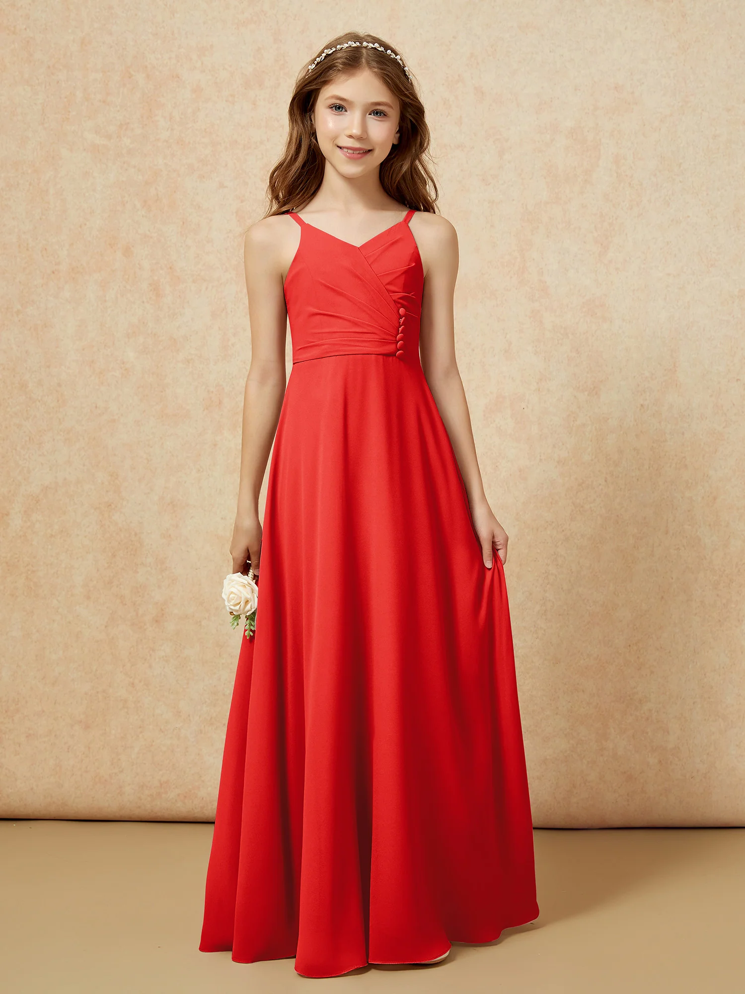 V-neck Pleated Chiffon Long Junior Bridesmaid Dresses Red - Image 6