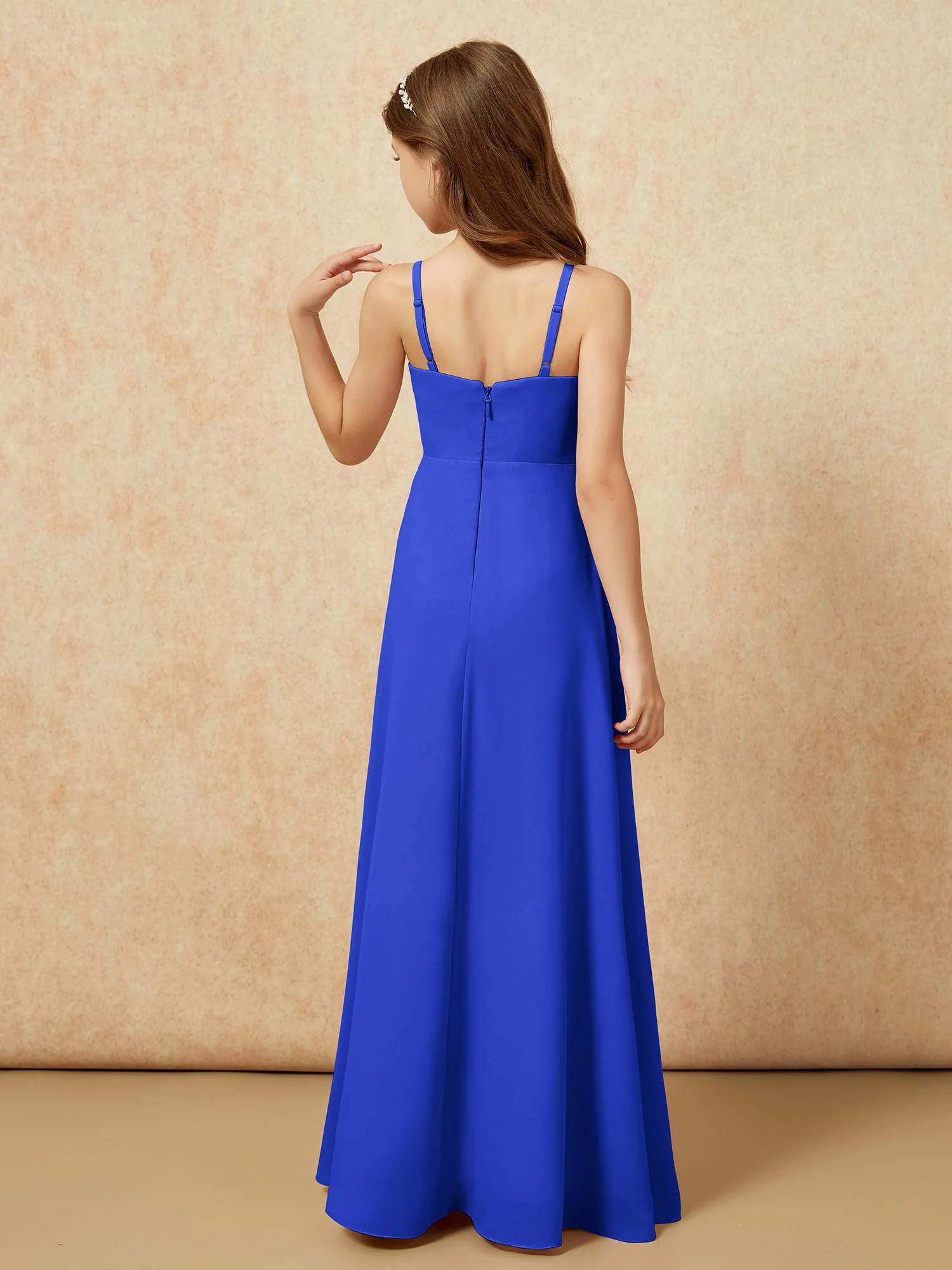 V-neck Pleated Chiffon Long Junior Bridesmaid Dresses Royal Blue - Image 2