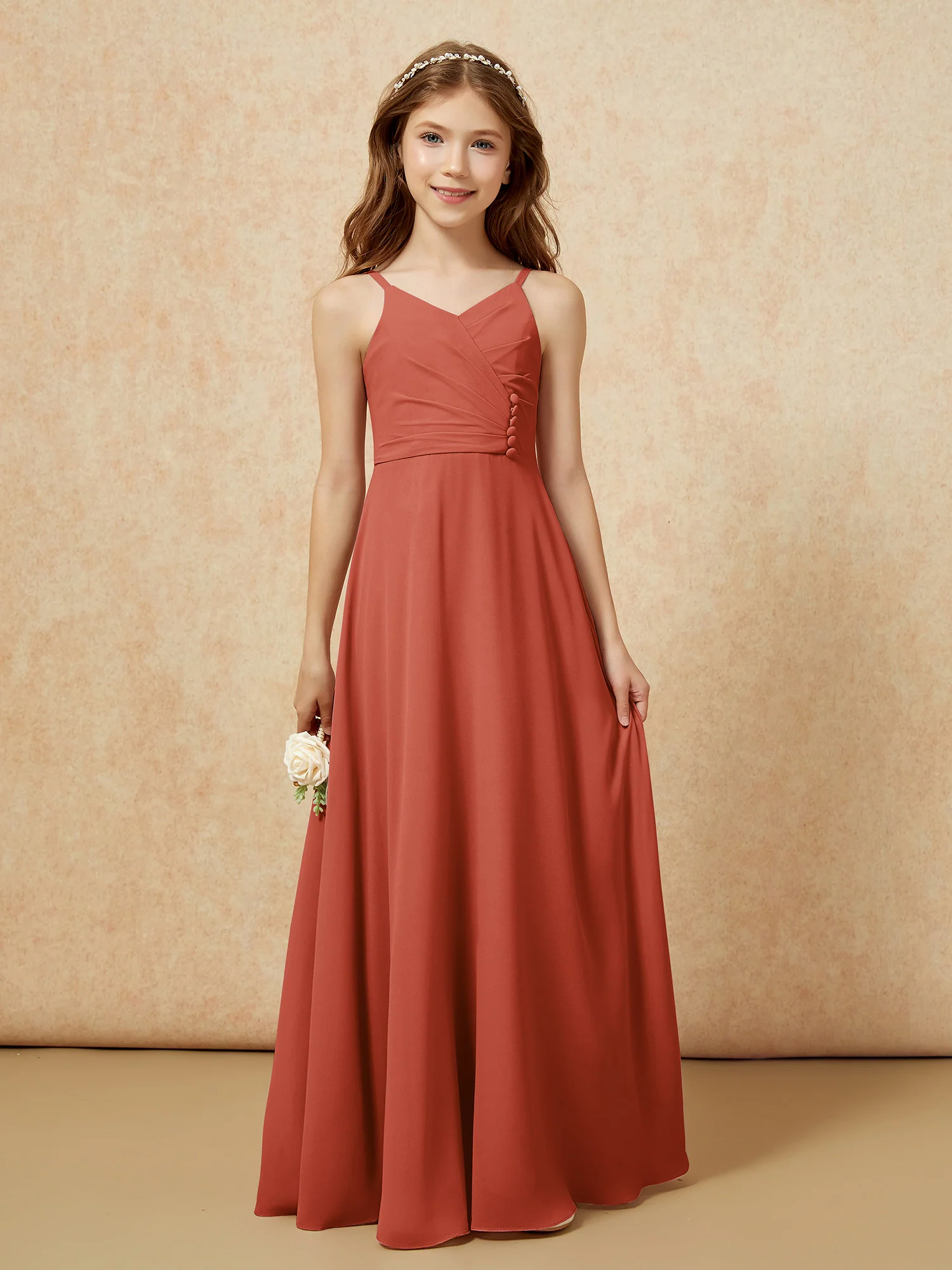 V-neck Pleated Chiffon Long Junior Bridesmaid Dresses Rust - Image 6