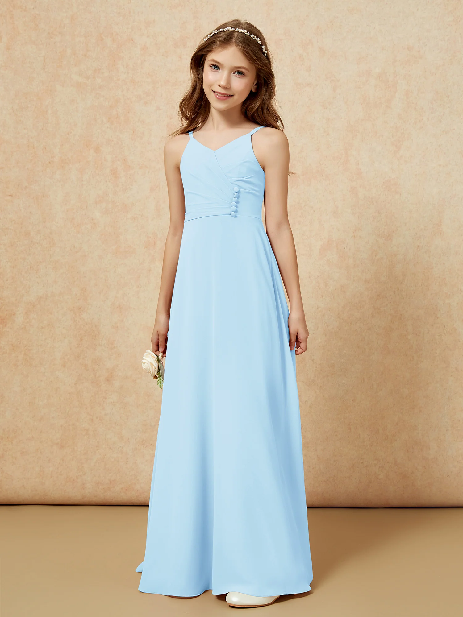 V-neck Pleated Chiffon Long Junior Bridesmaid Dresses Sky Blue