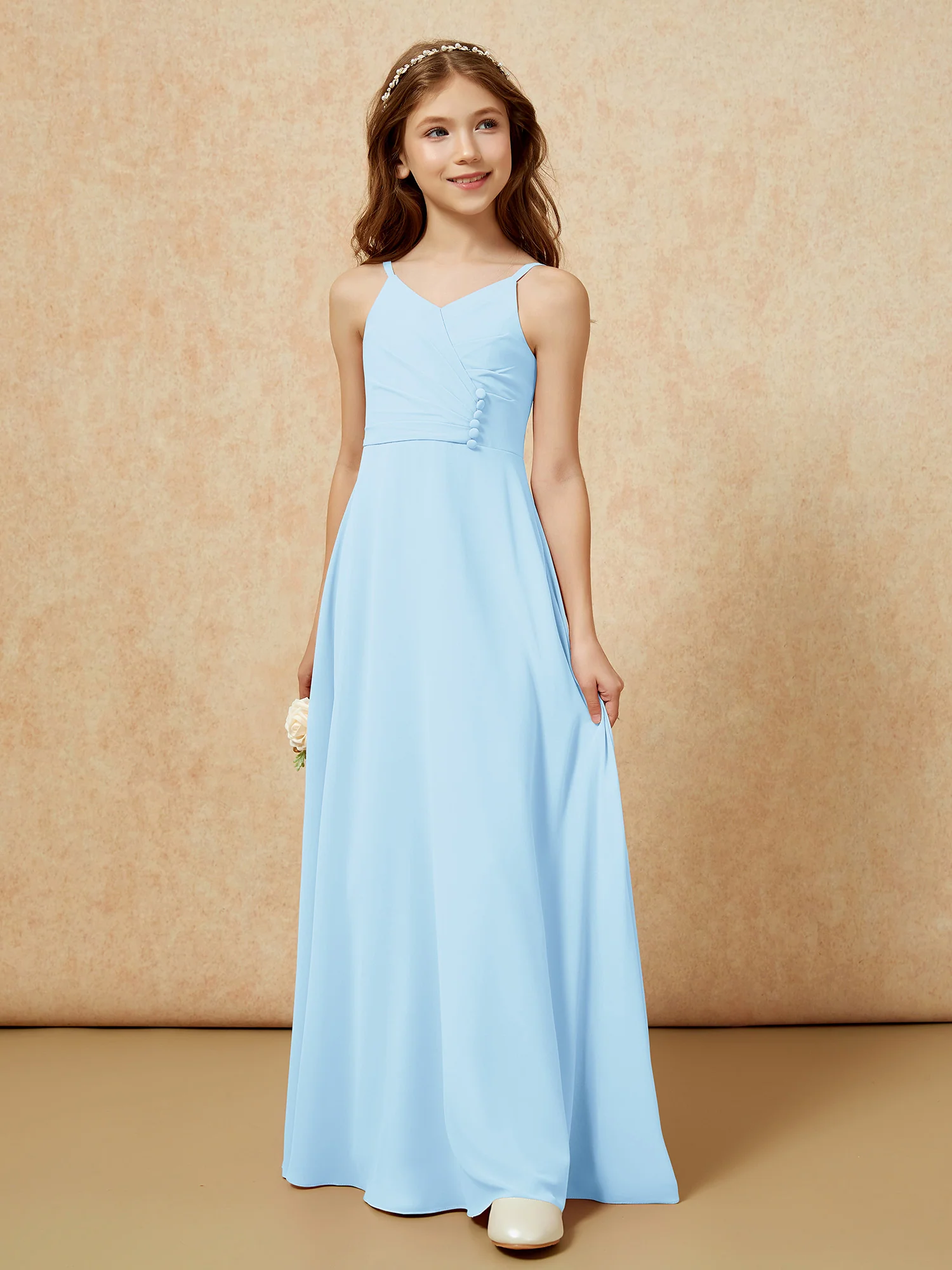 V-neck Pleated Chiffon Long Junior Bridesmaid Dresses Sky Blue - Image 5
