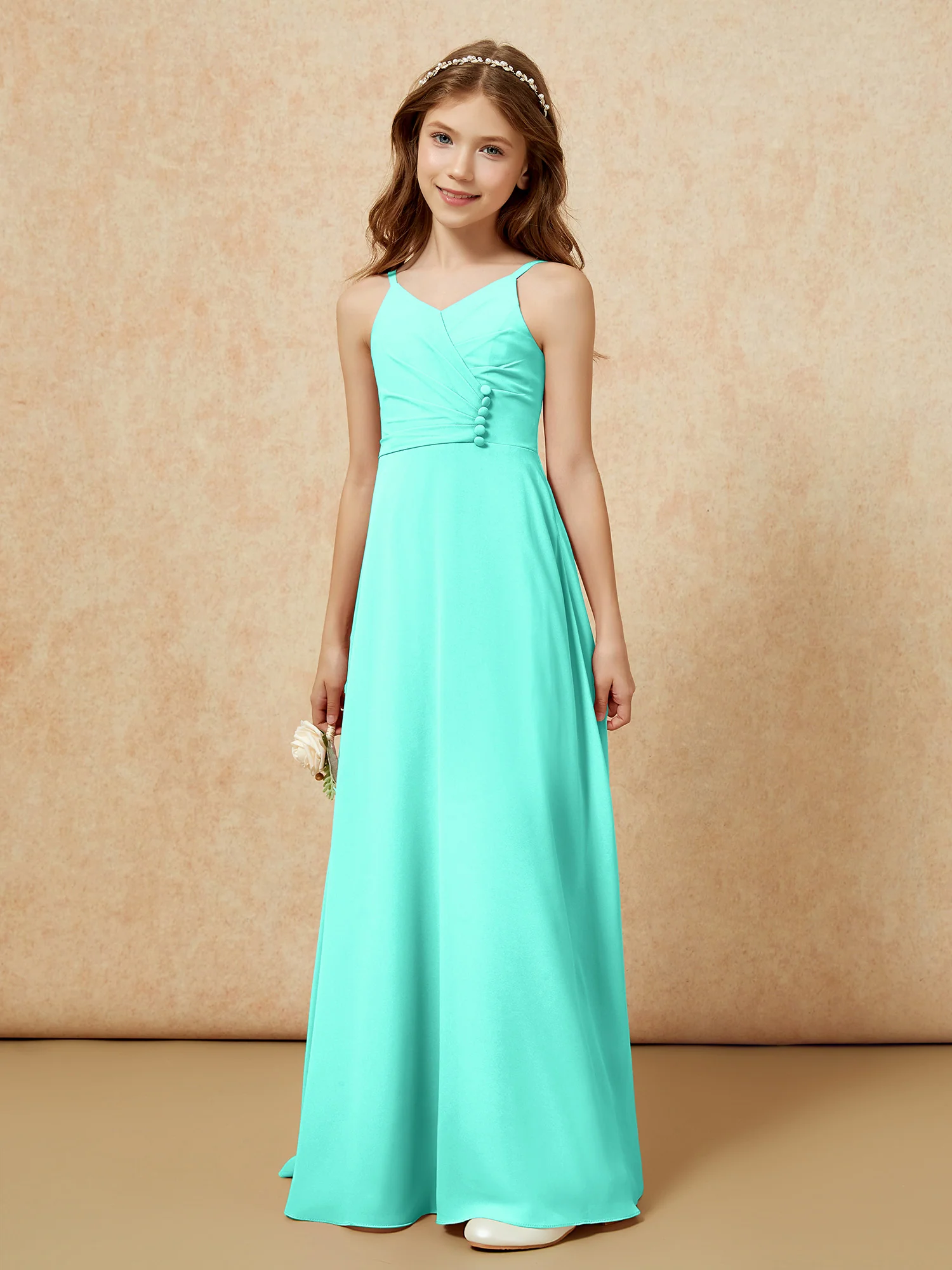 V-neck Pleated Chiffon Long Junior Bridesmaid Dresses Spa