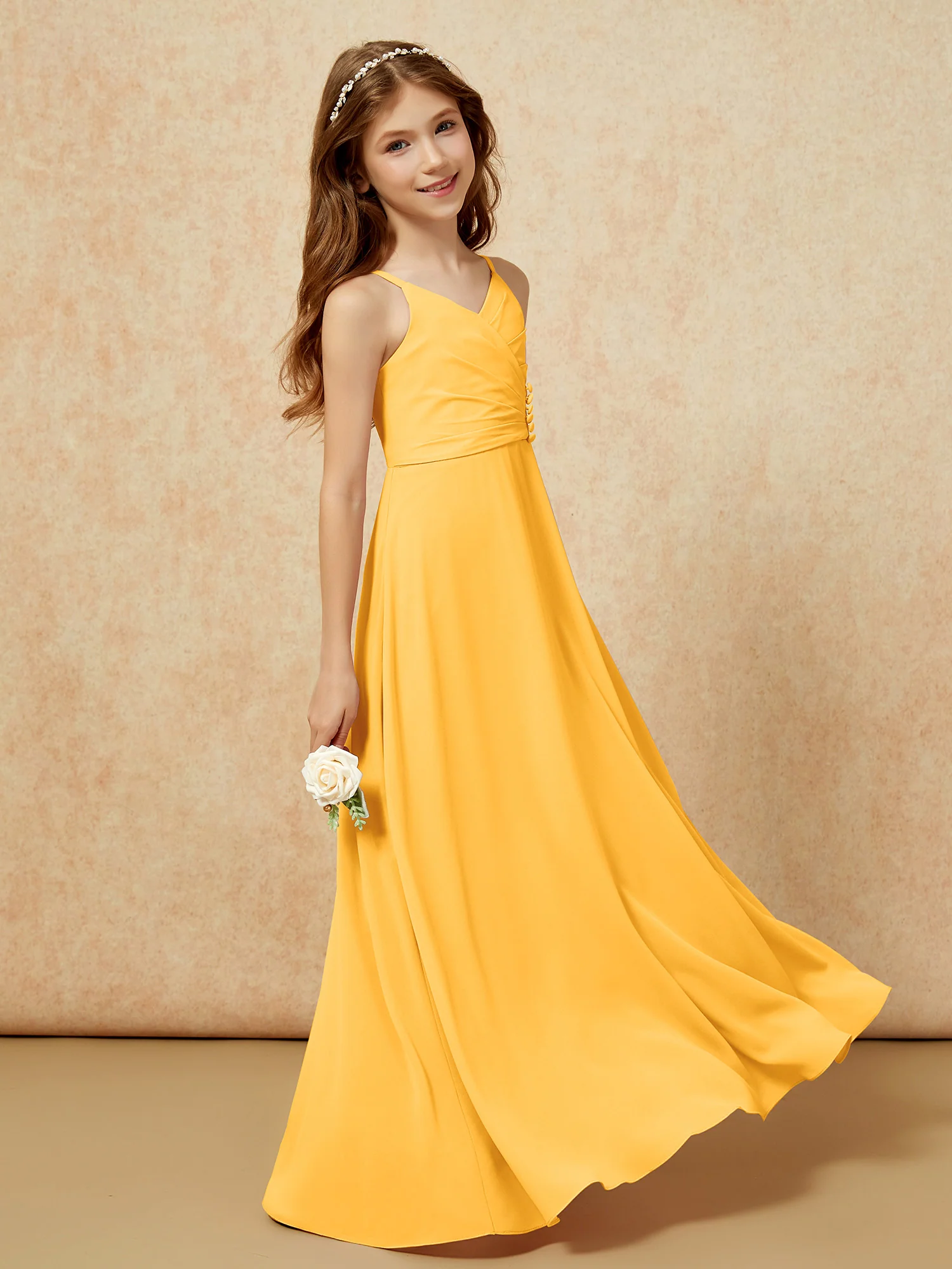 V-neck Pleated Chiffon Long Junior Bridesmaid Dresses Tangerine - Image 3