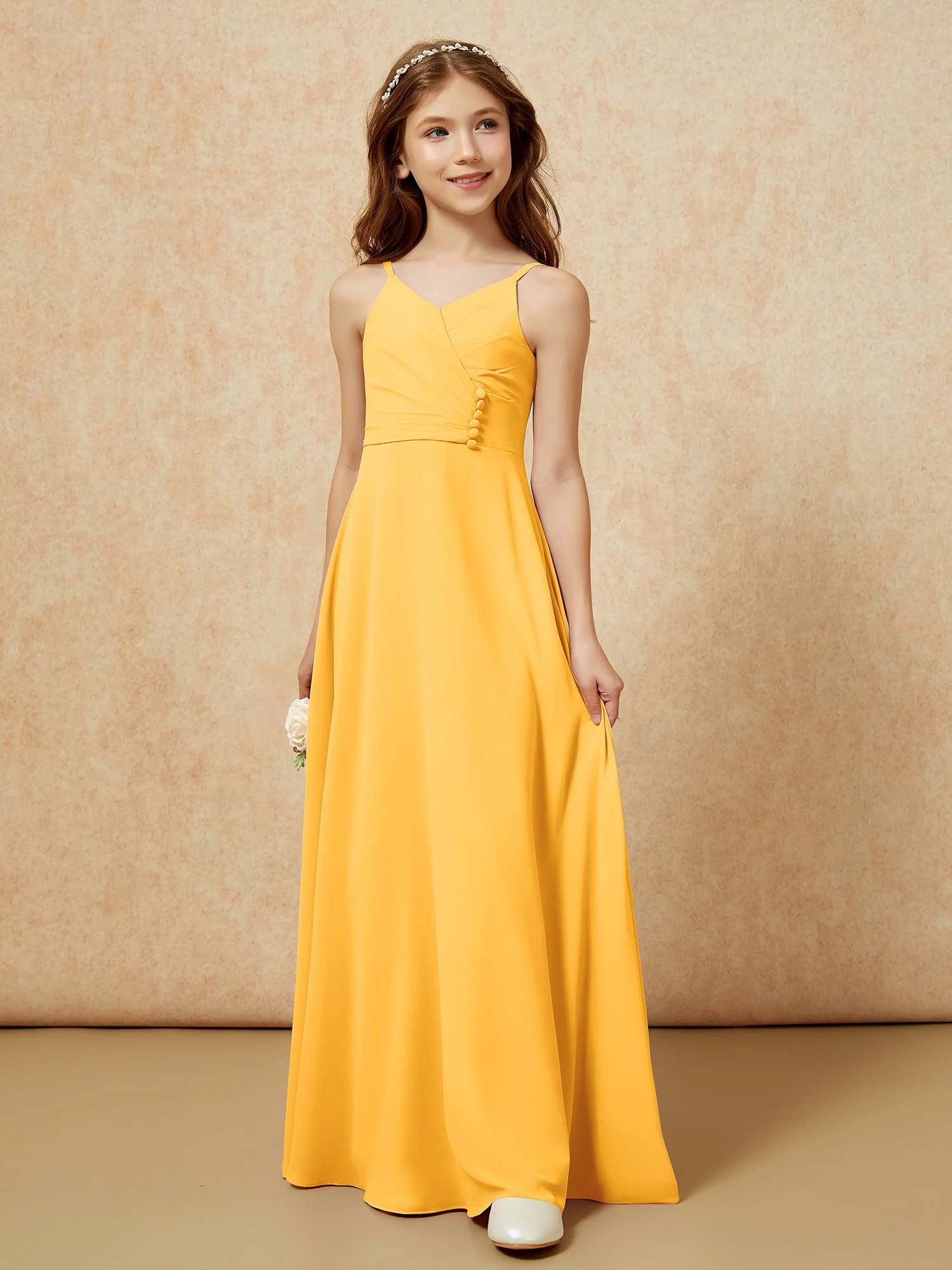 V-neck Pleated Chiffon Long Junior Bridesmaid Dresses Tangerine - Image 5