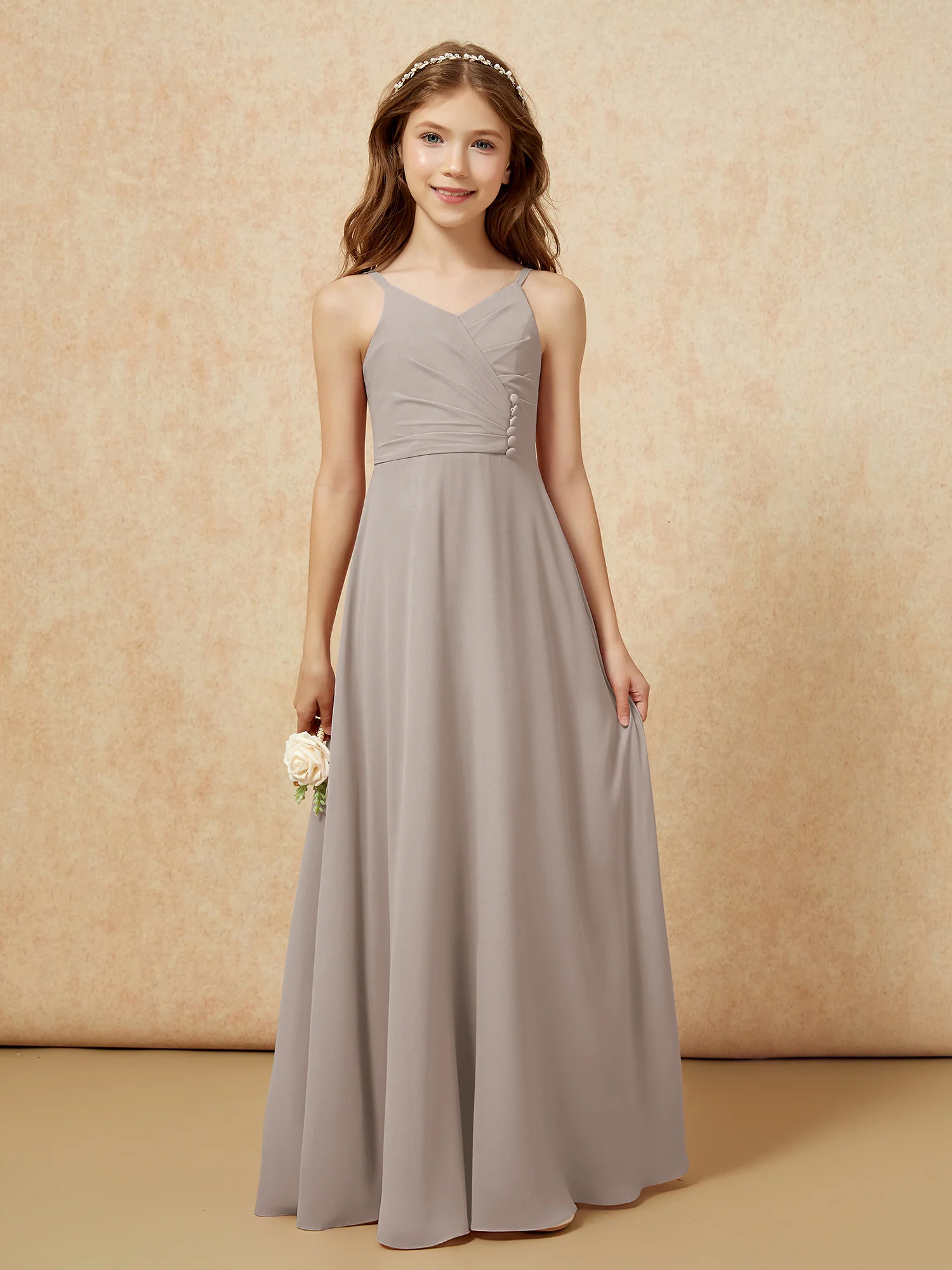 V-neck Pleated Chiffon Long Junior Bridesmaid Dresses Taupe - Image 6