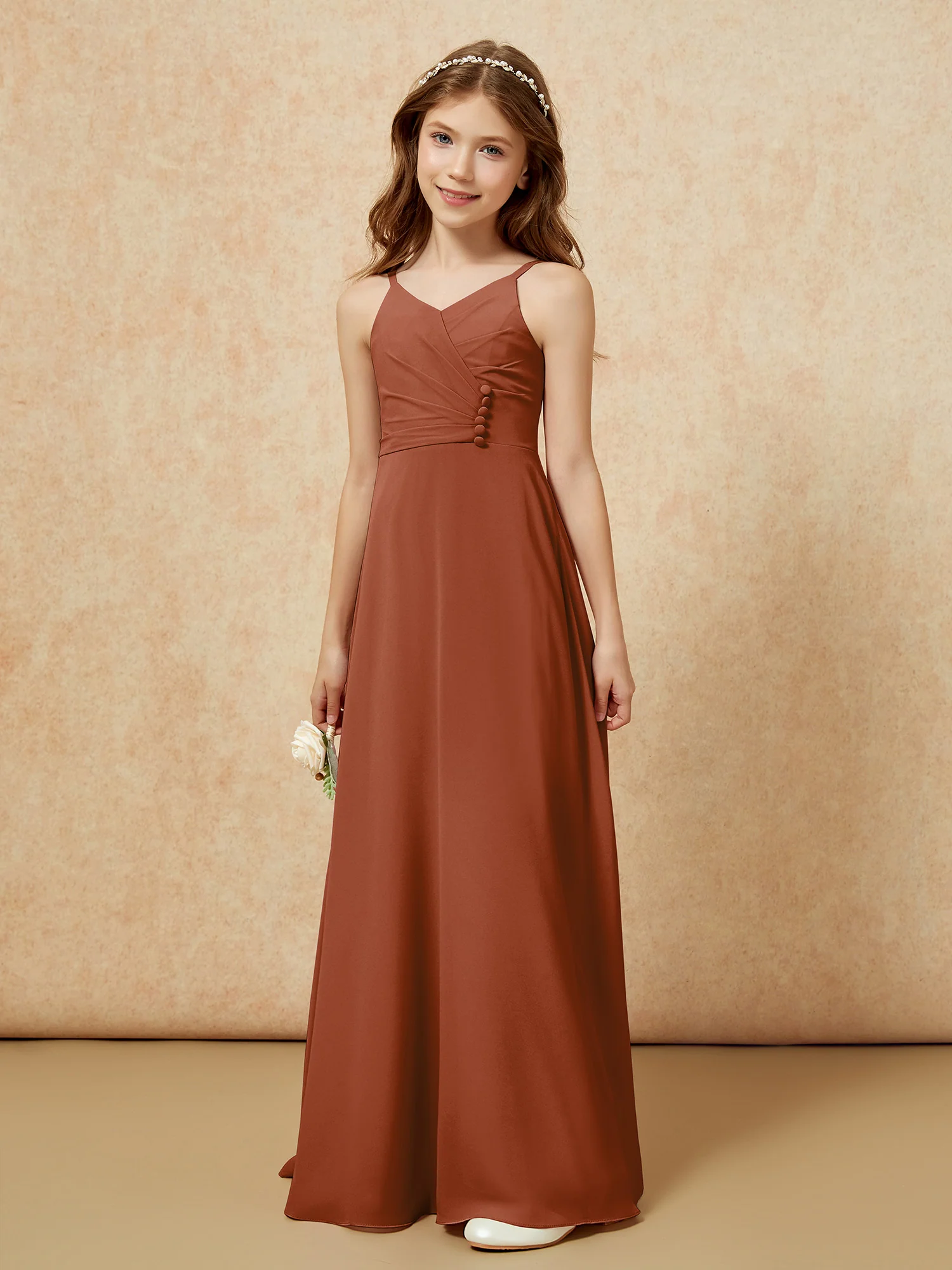 V-neck Pleated Chiffon Long Junior Bridesmaid Dresses Terracotta