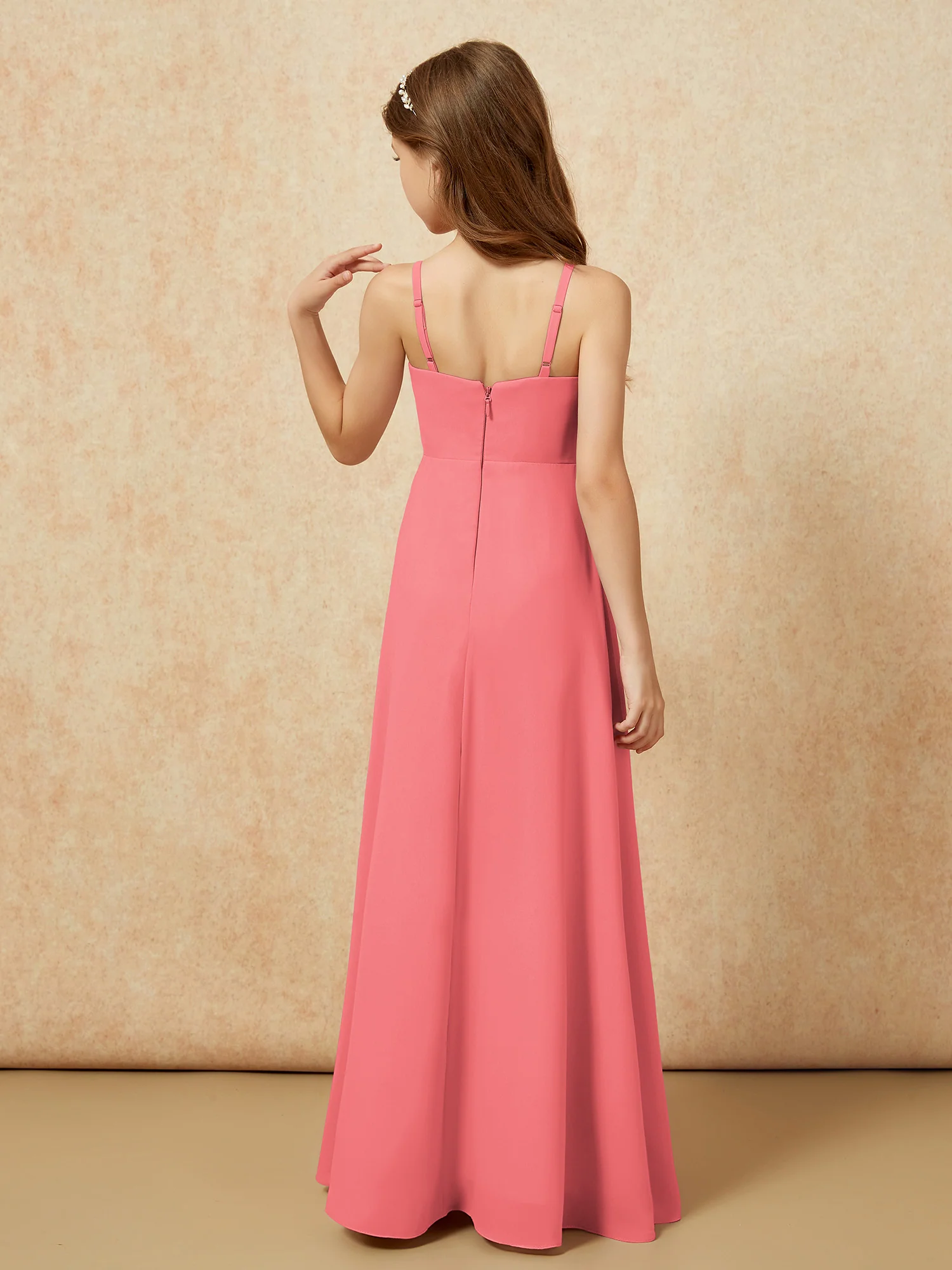 V-neck Pleated Chiffon Long Junior Bridesmaid Dresses Watermelon - Image 2