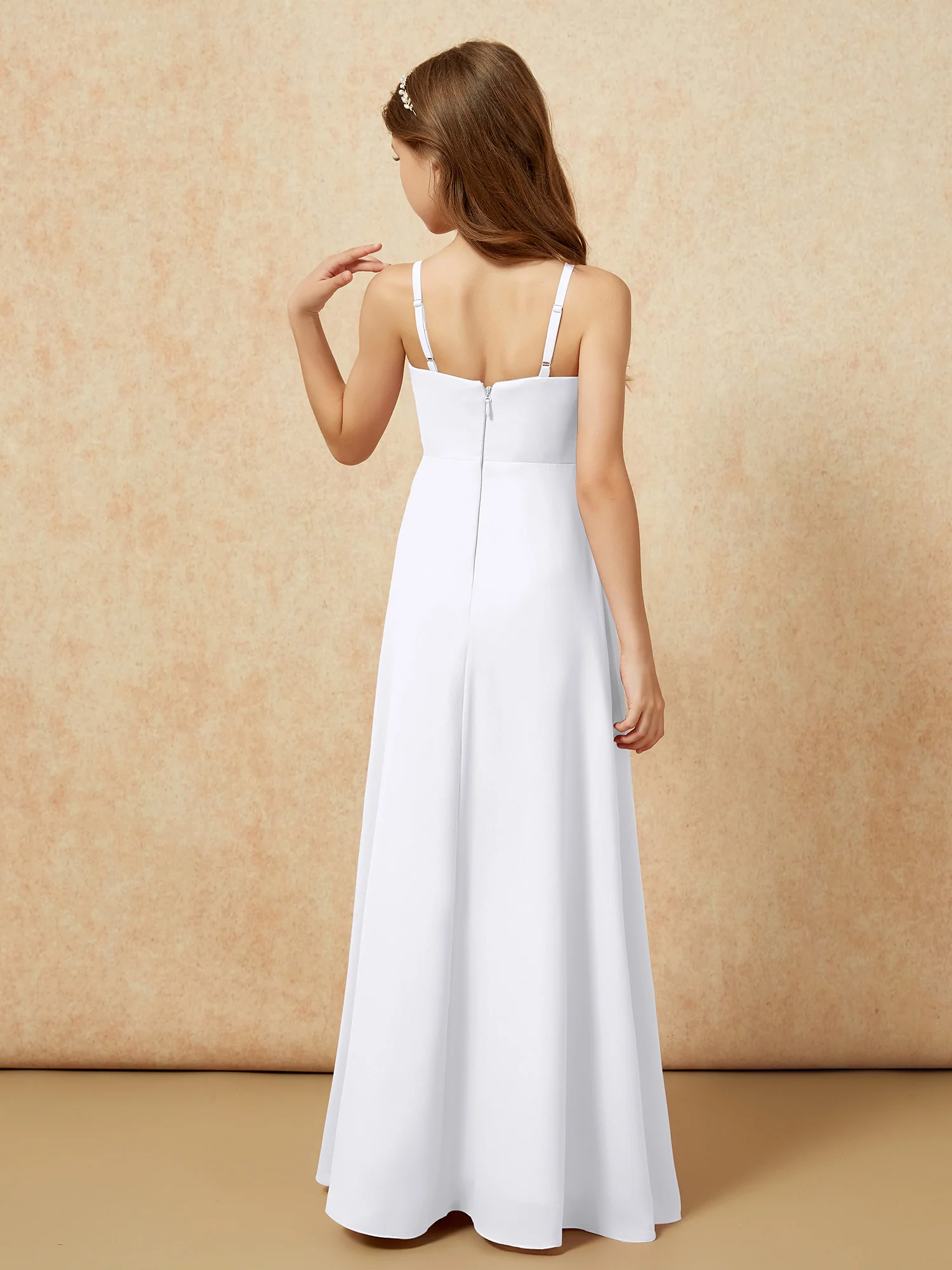 V-neck Pleated Chiffon Long Junior Bridesmaid Dresses White - Image 2