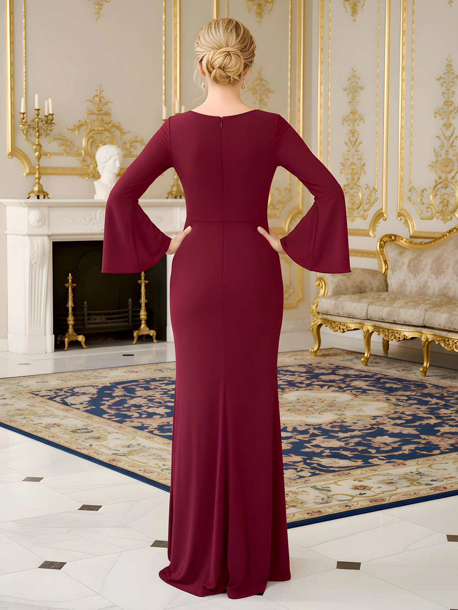 V-neck Pleated Long Flared Sleeves Sheath Dress Peacock - Image 2