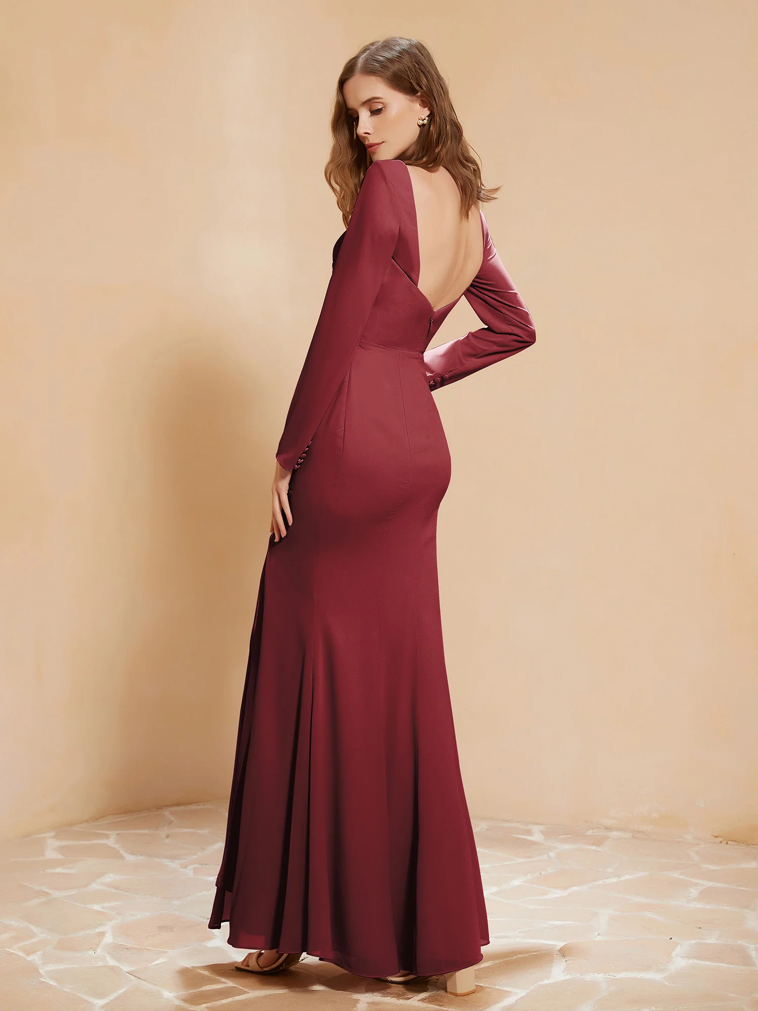 V-neck Pleated Mermaid Chiffon Dress With Silt Cinnamon Rose - Image 2