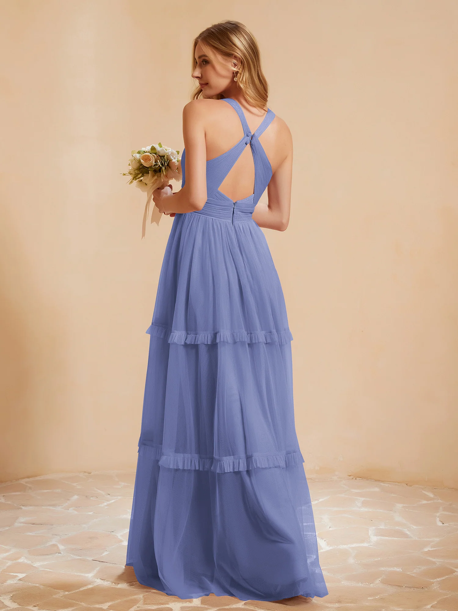 V-neck Pleated Ruffle Floor-length Tulle Dress Periwinkle - Image 2
