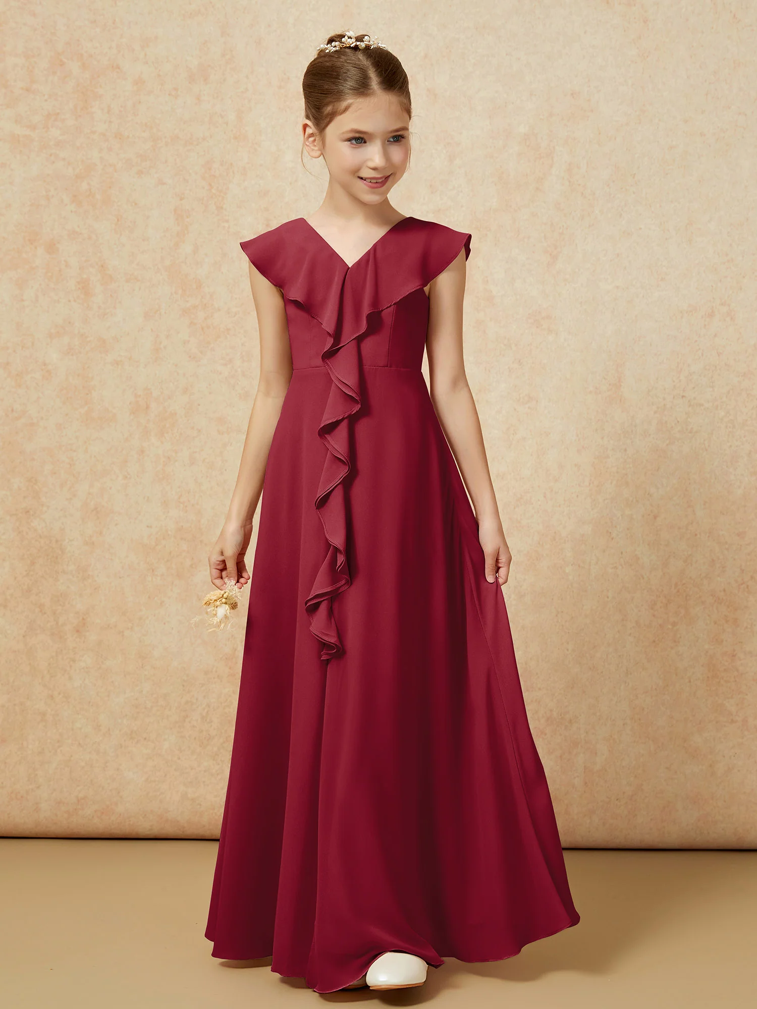 V-neck Ruffle Chiffon Junior Bridesmaid Dresses With Slit Burgundy - Image 5