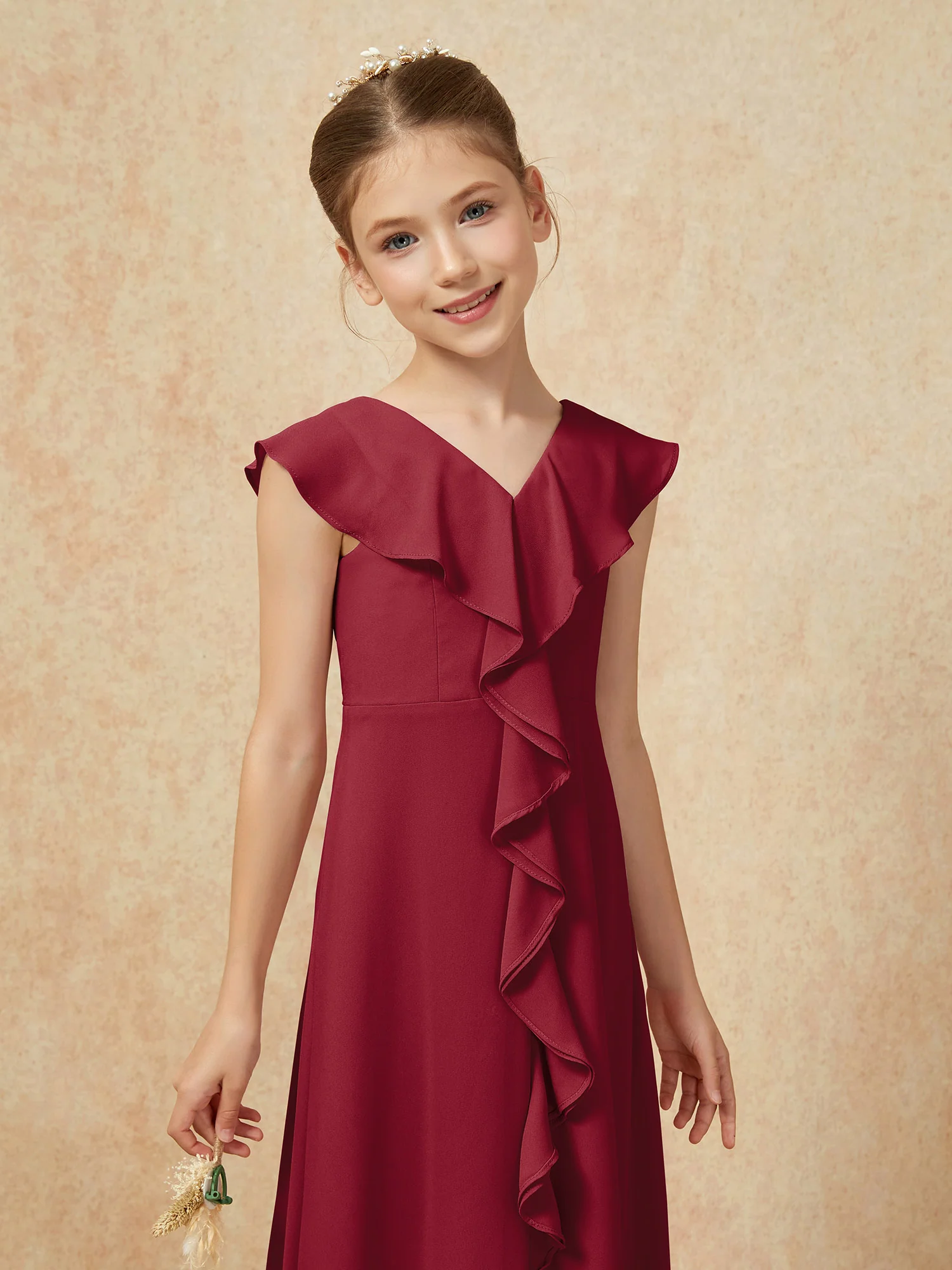 V-neck Ruffle Chiffon Junior Bridesmaid Dresses With Slit Burgundy - Image 6