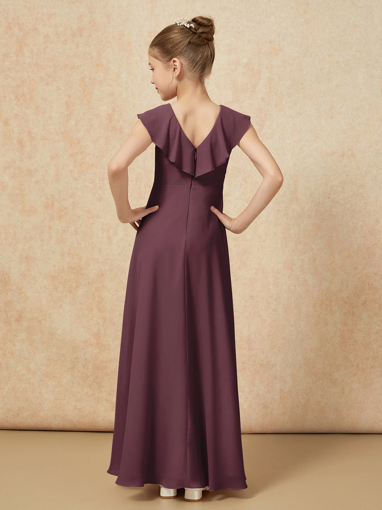 V-neck Ruffle Chiffon Junior Bridesmaid Dresses With Slit Cabernet - Image 2
