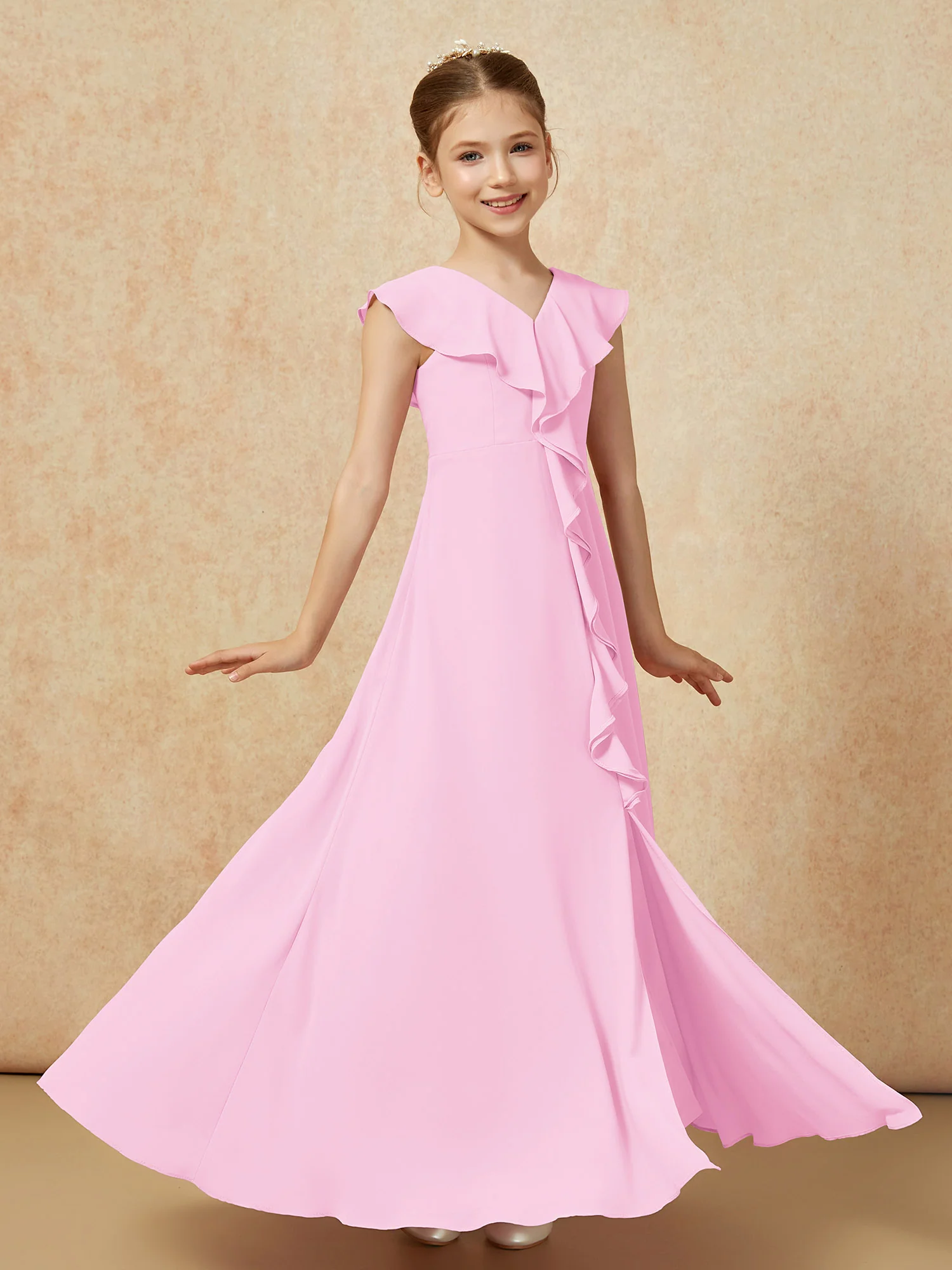 V-neck Ruffle Chiffon Junior Bridesmaid Dresses With Slit Candy Pink - Image 3