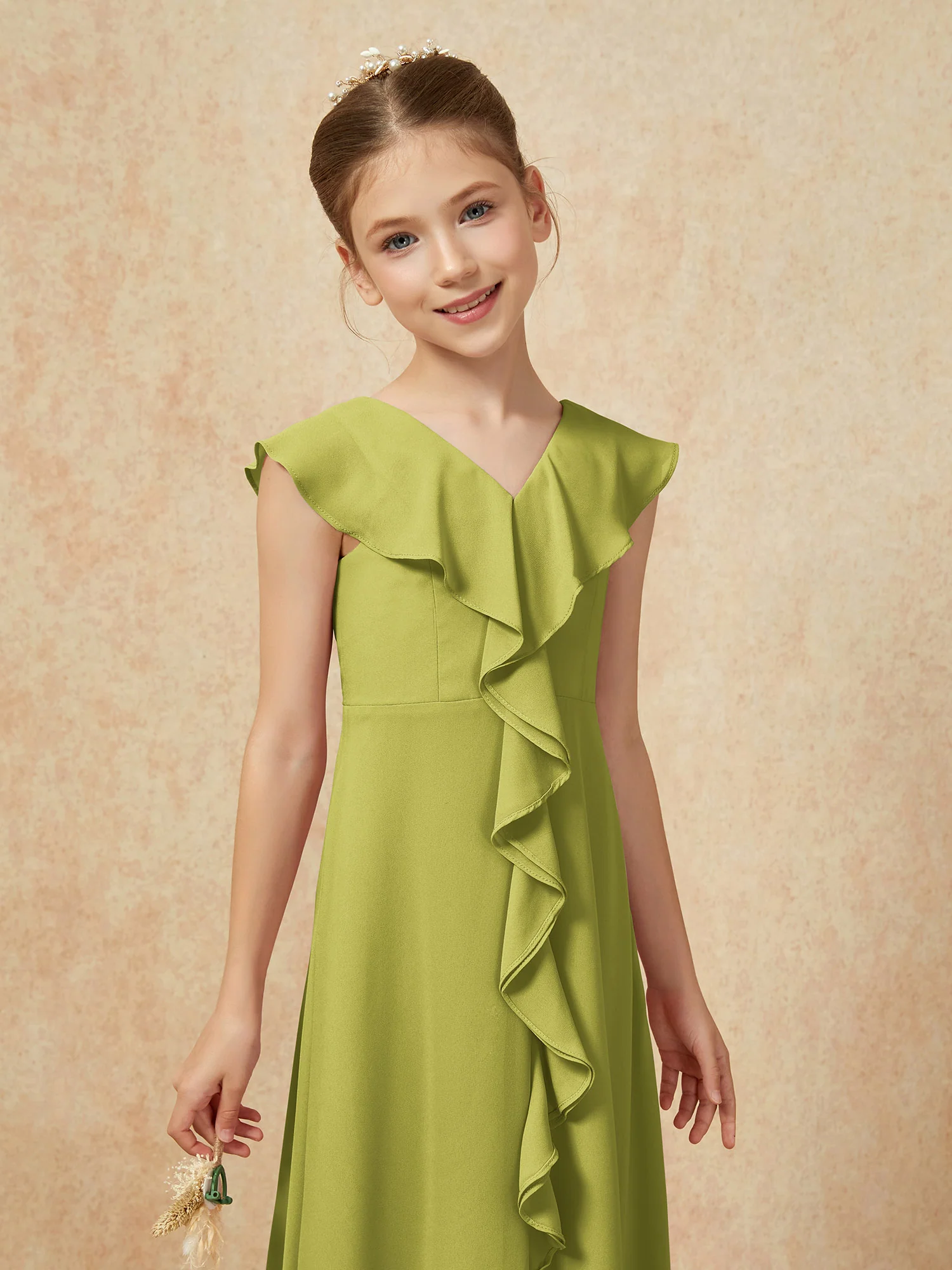 V-neck Ruffle Chiffon Junior Bridesmaid Dresses With Slit Clover - Image 6
