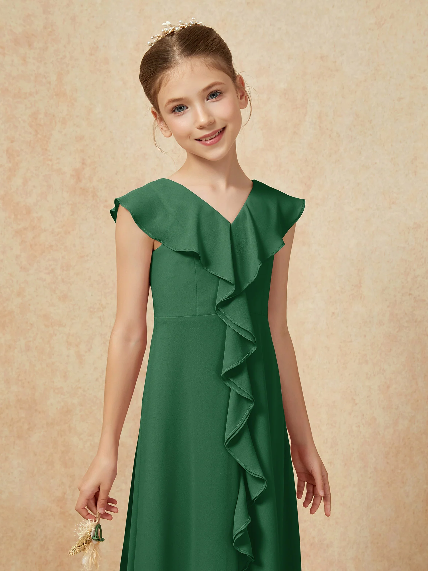 V-neck Ruffle Chiffon Junior Bridesmaid Dresses With Slit Dark Green - Image 6
