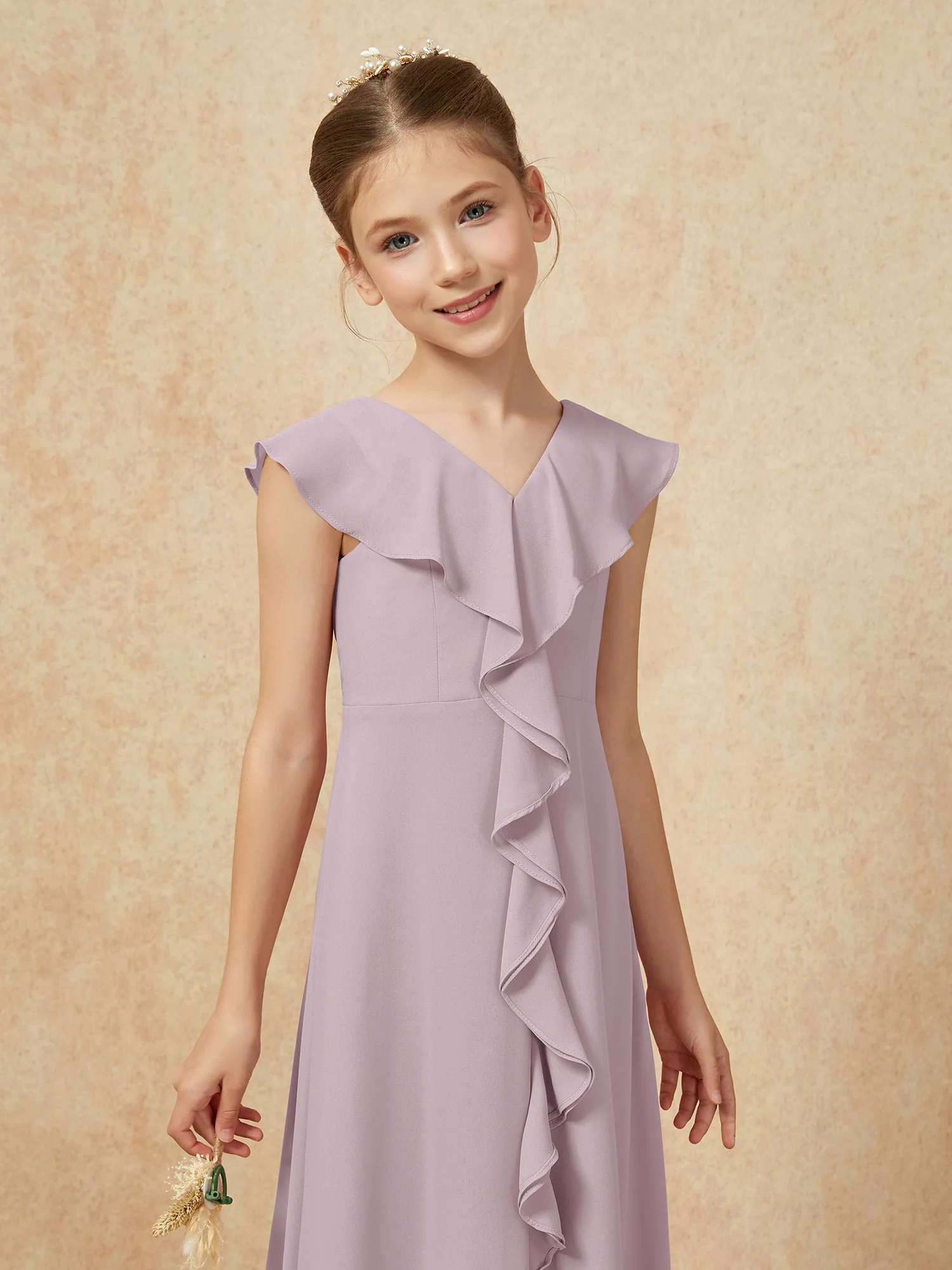 V-neck Ruffle Chiffon Junior Bridesmaid Dresses With Slit Dusk - Image 6