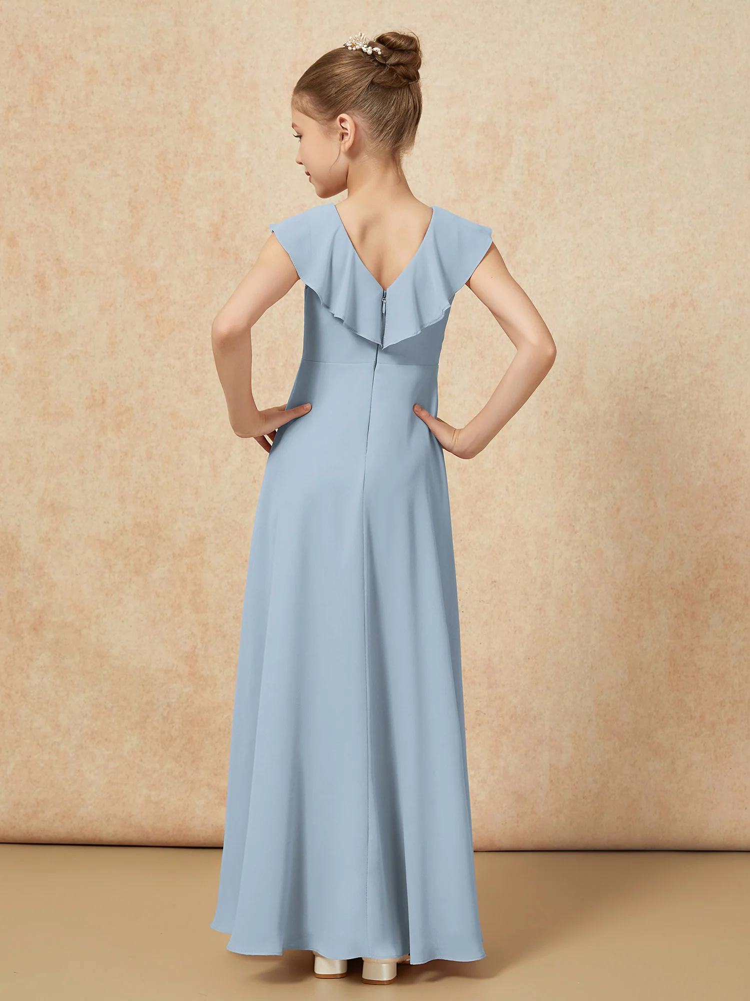 V-neck Ruffle Chiffon Junior Bridesmaid Dresses With Slit Dusty Blue - Image 2