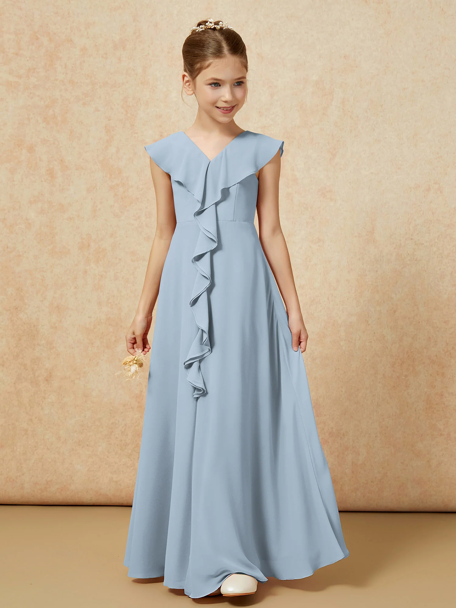 V-neck Ruffle Chiffon Junior Bridesmaid Dresses With Slit Dusty Blue - Image 5
