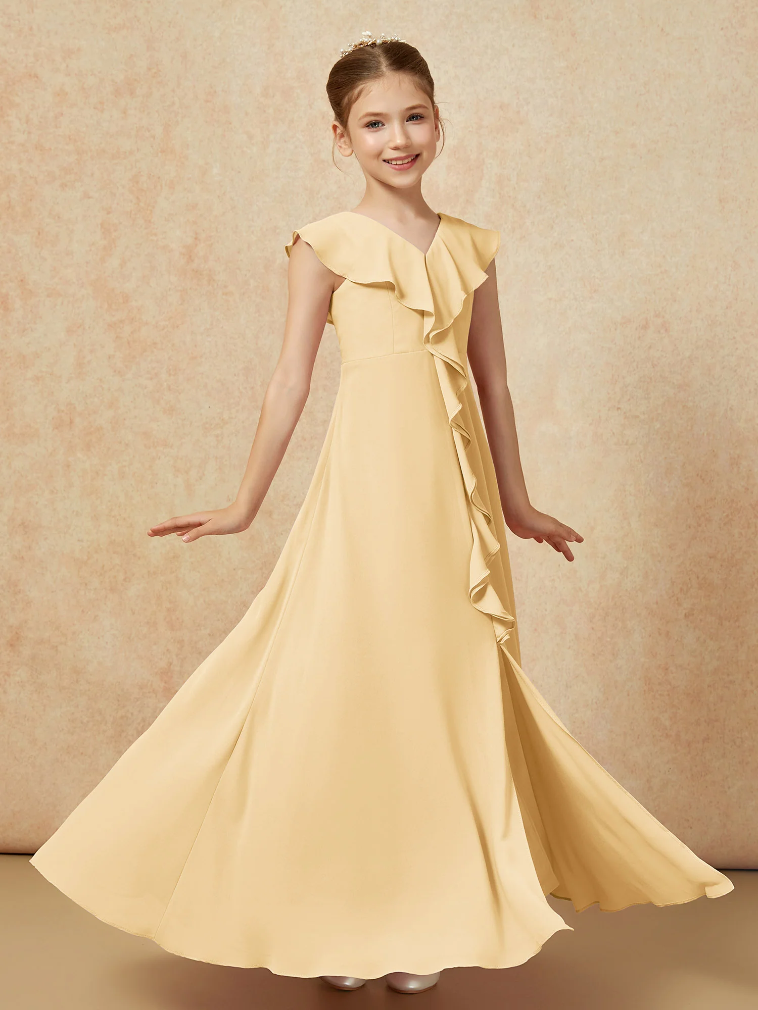 V-neck Ruffle Chiffon Junior Bridesmaid Dresses With Slit Gold - Image 3