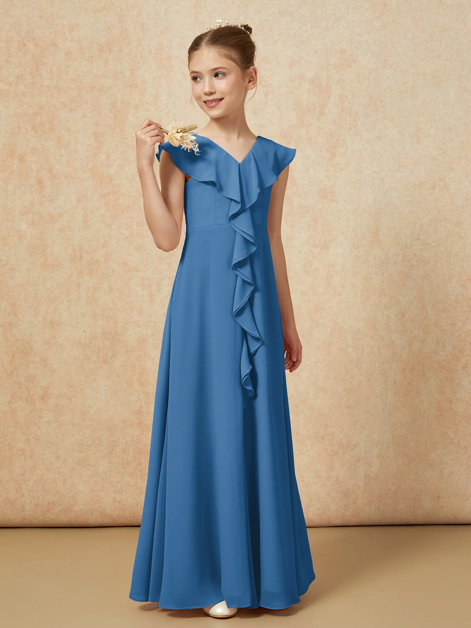 V-neck Ruffle Chiffon Junior Bridesmaid Dresses With Slit Ink Blue - Image 4
