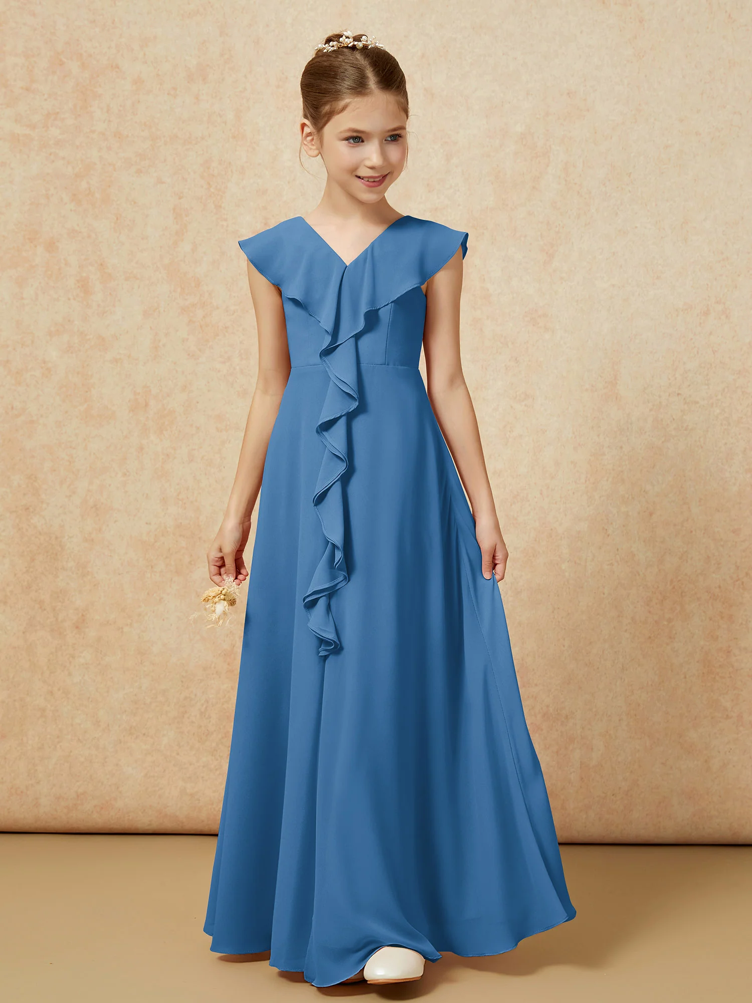 V-neck Ruffle Chiffon Junior Bridesmaid Dresses With Slit Ink Blue - Image 5