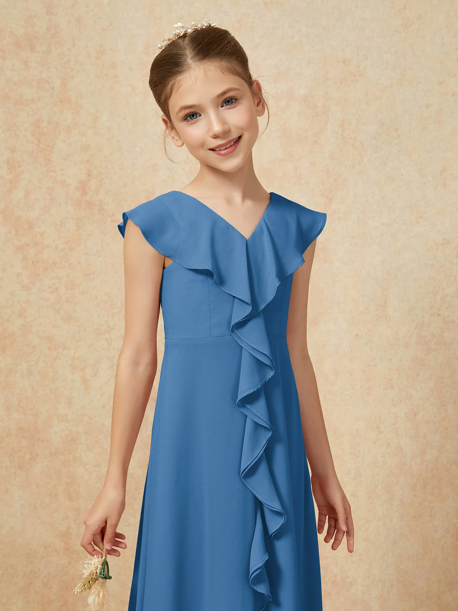 V-neck Ruffle Chiffon Junior Bridesmaid Dresses With Slit Ink Blue - Image 6