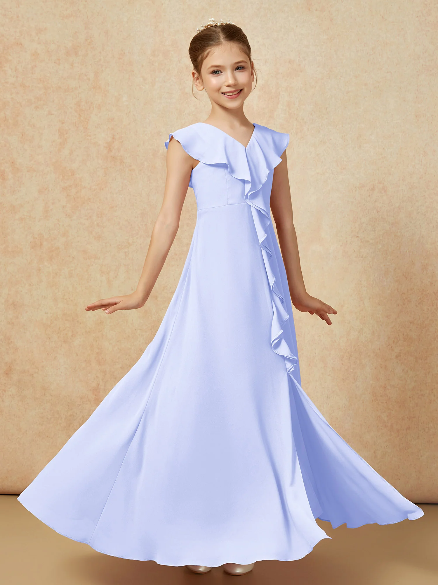 V-neck Ruffle Chiffon Junior Bridesmaid Dresses With Slit Lavender - Image 3