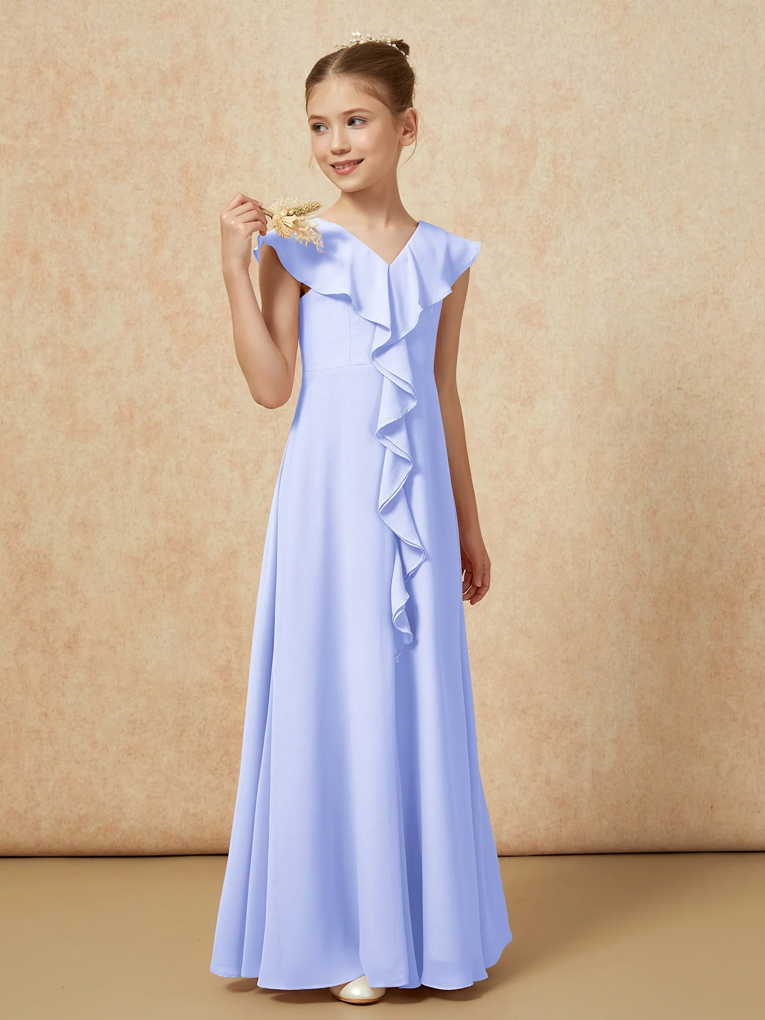 V-neck Ruffle Chiffon Junior Bridesmaid Dresses With Slit Lavender - Image 4