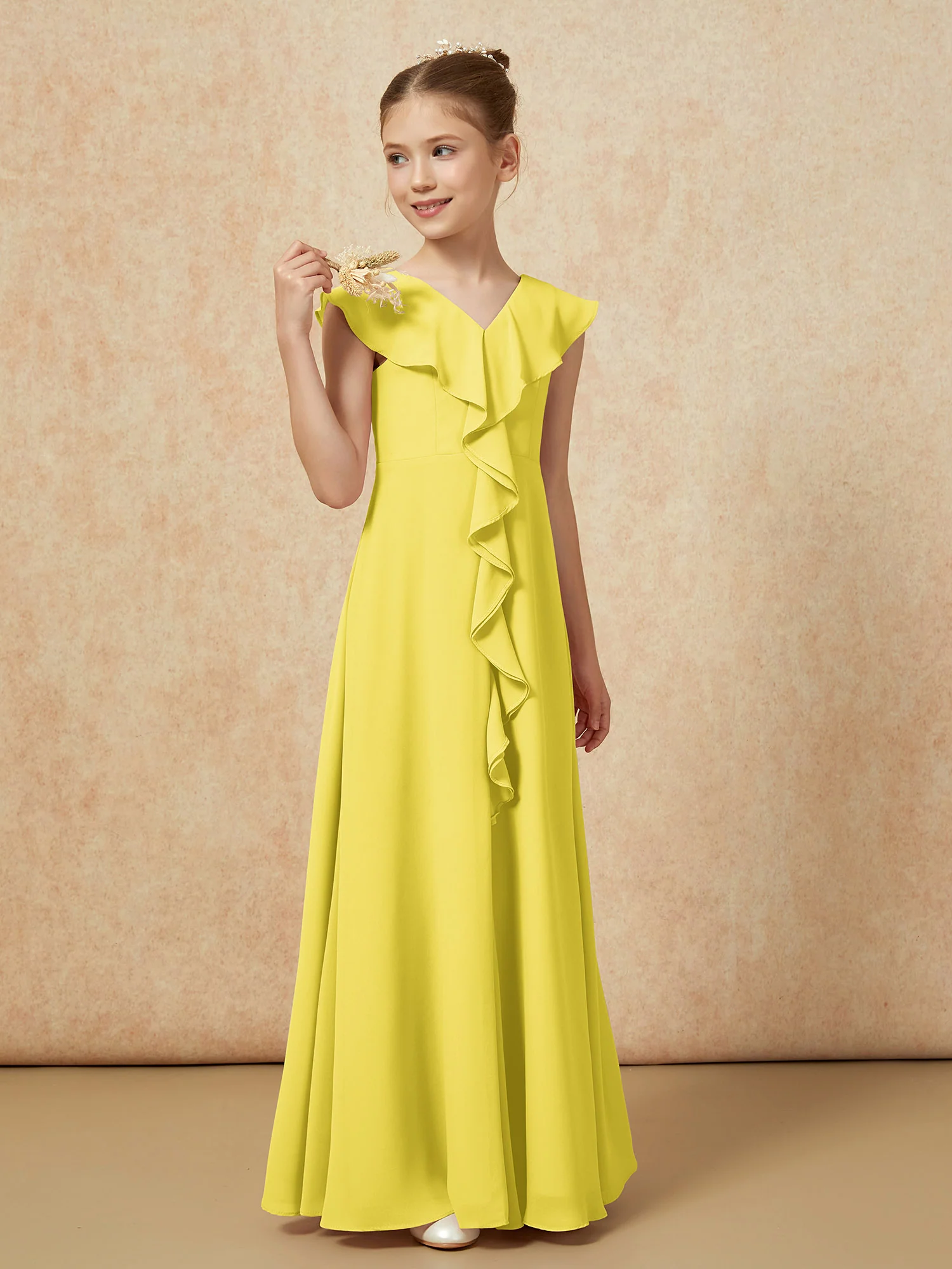 V-neck Ruffle Chiffon Junior Bridesmaid Dresses With Slit Lemon - Image 4