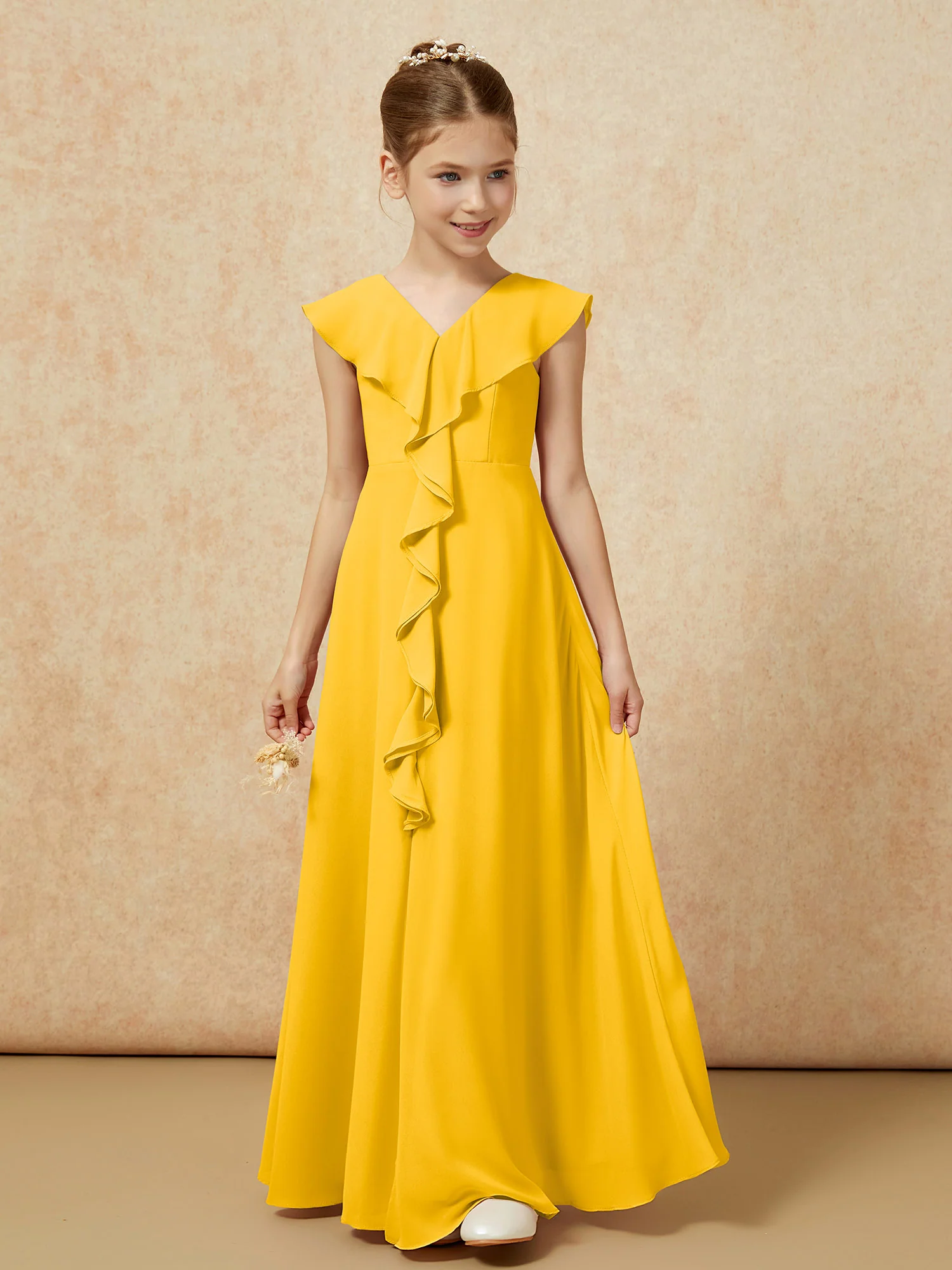 V-neck Ruffle Chiffon Junior Bridesmaid Dresses With Slit Marigold - Image 5
