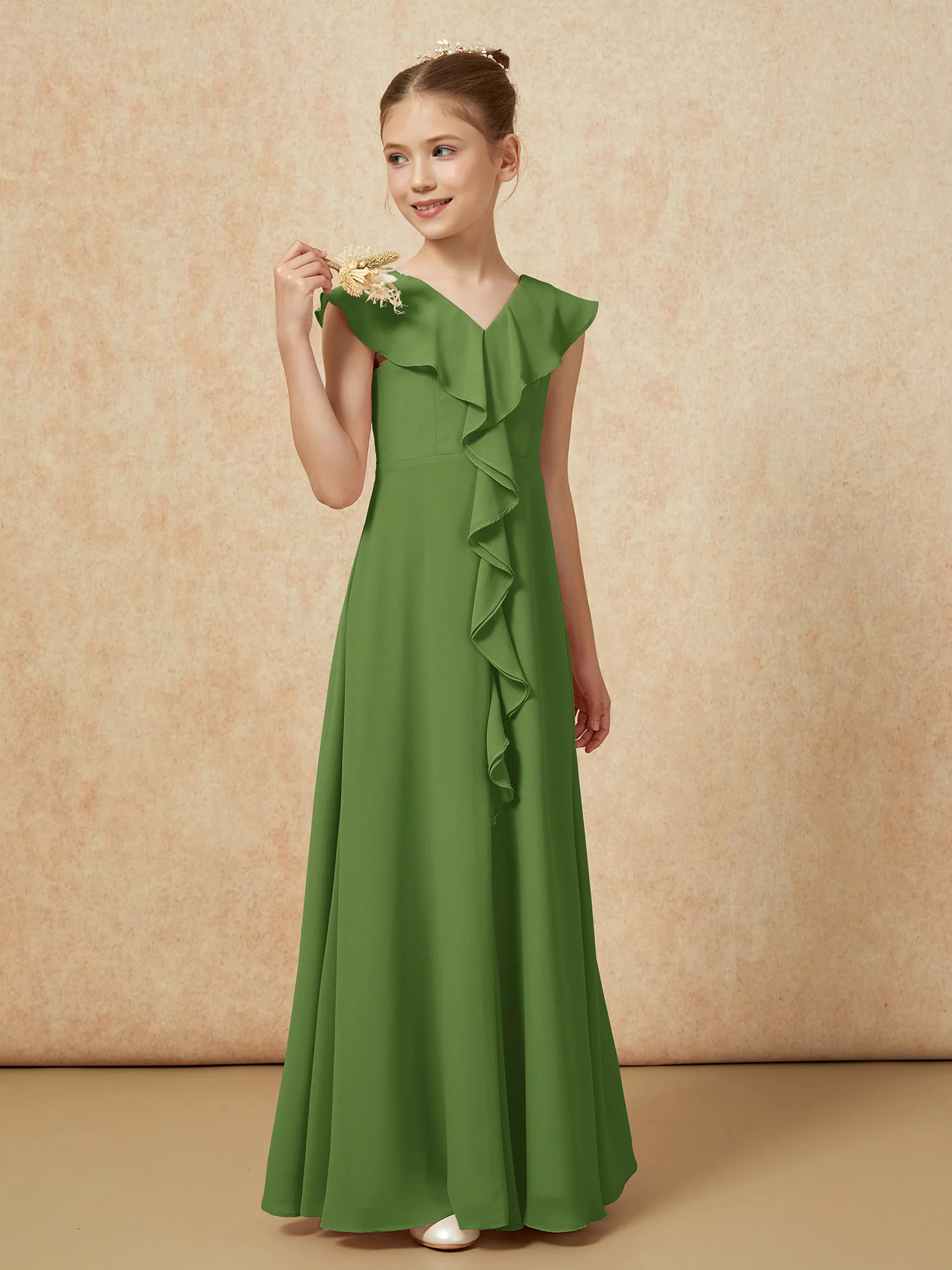 V-neck Ruffle Chiffon Junior Bridesmaid Dresses With Slit Moss - Image 4