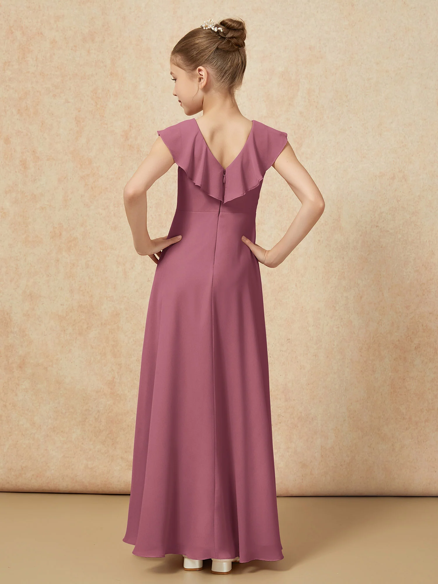 V-neck Ruffle Chiffon Junior Bridesmaid Dresses With Slit Mulberry - Image 2