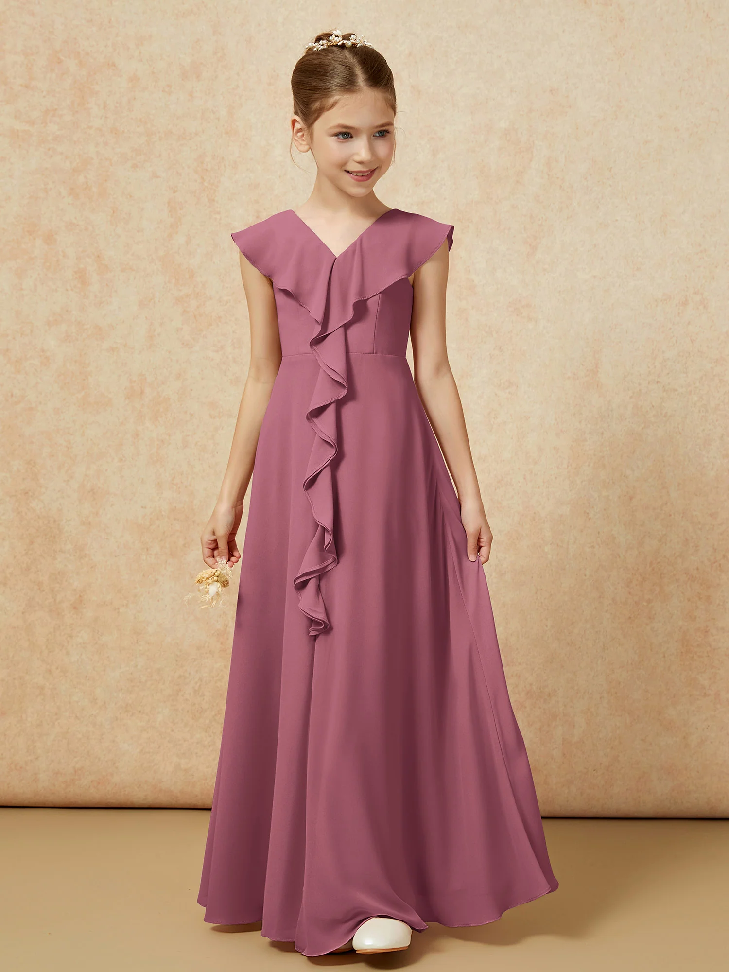 V-neck Ruffle Chiffon Junior Bridesmaid Dresses With Slit Mulberry - Image 5