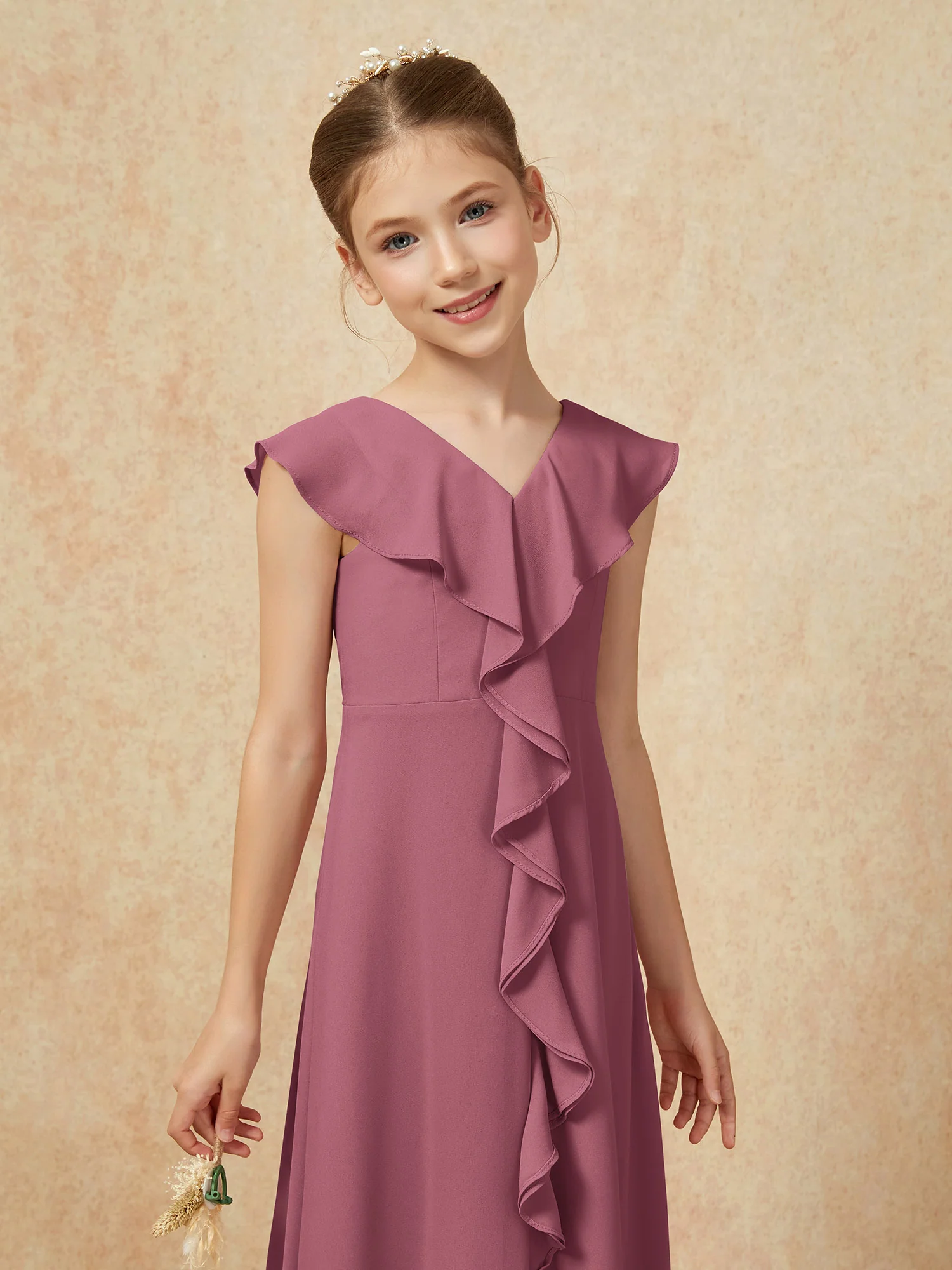 V-neck Ruffle Chiffon Junior Bridesmaid Dresses With Slit Mulberry - Image 6