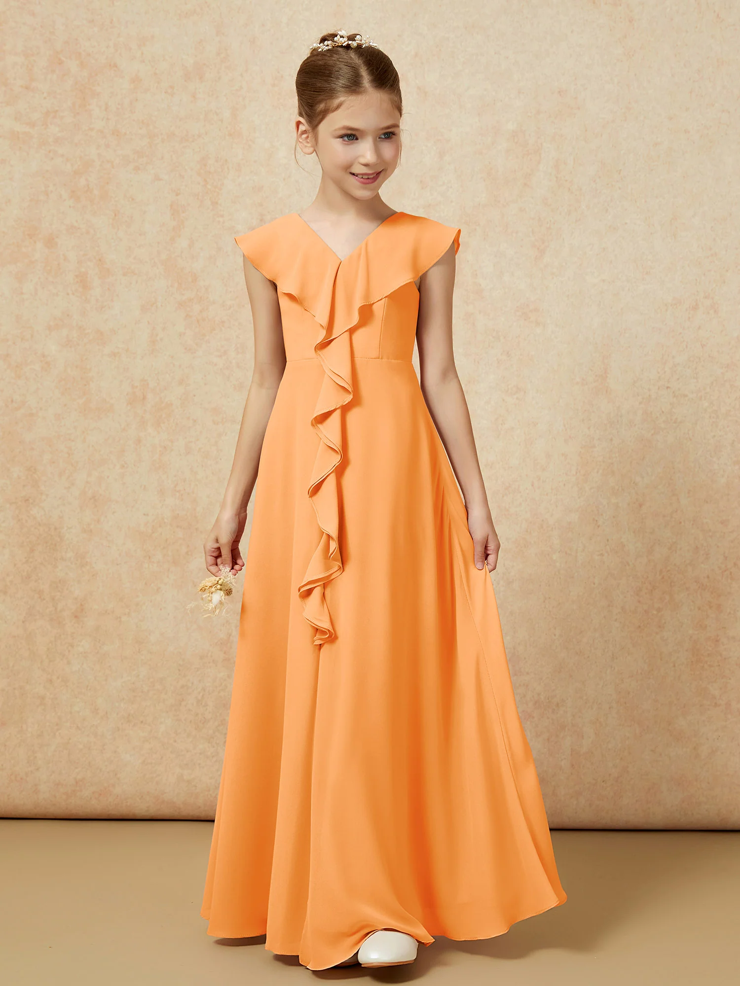 V-neck Ruffle Chiffon Junior Bridesmaid Dresses With Slit Orange - Image 5