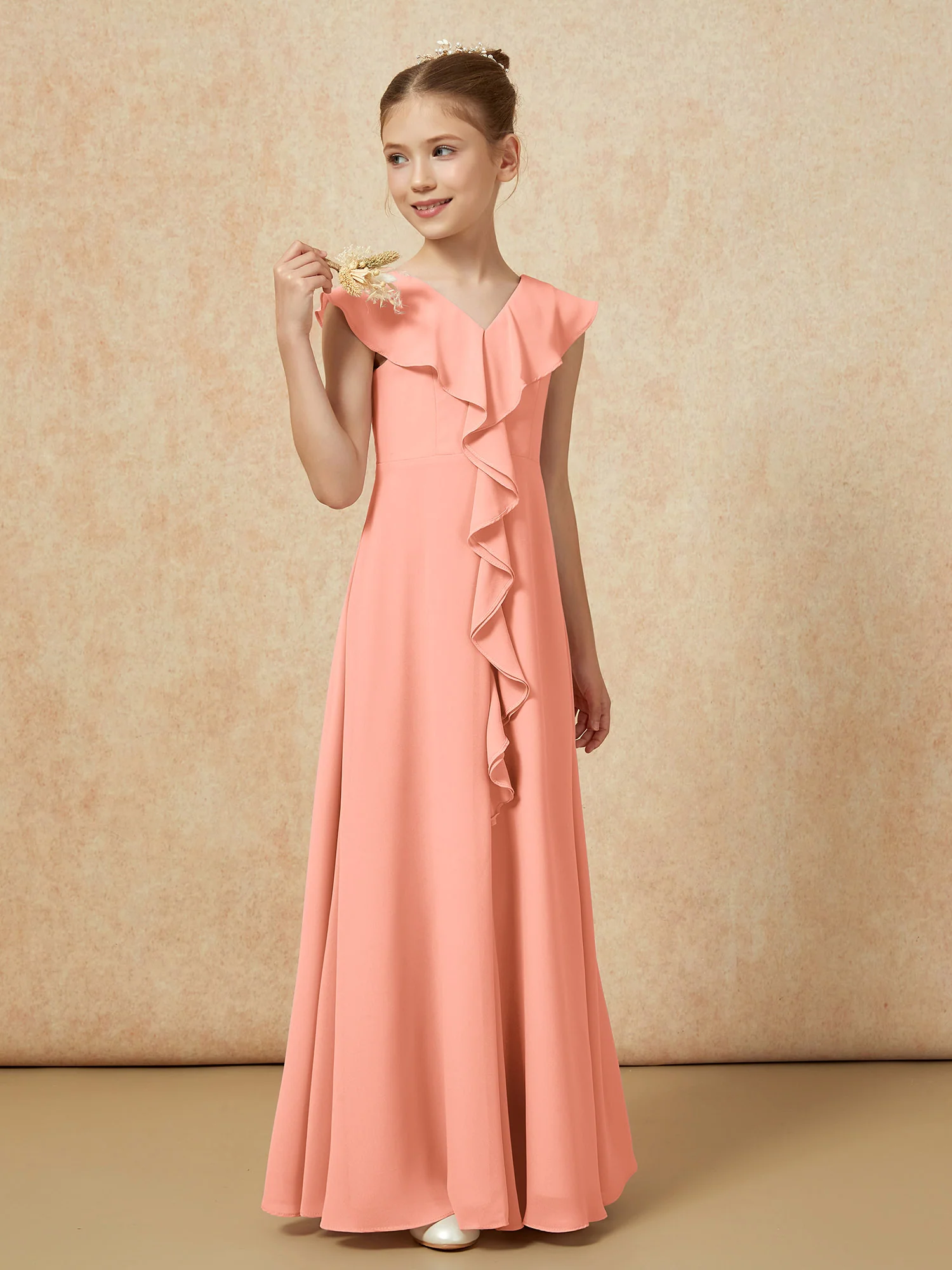 V-neck Ruffle Chiffon Junior Bridesmaid Dresses With Slit Papaya - Image 4