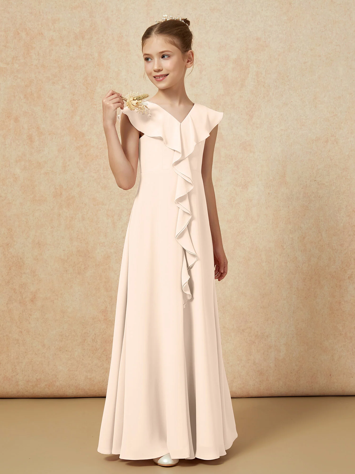 V-neck Ruffle Chiffon Junior Bridesmaid Dresses With Slit Peach - Image 4