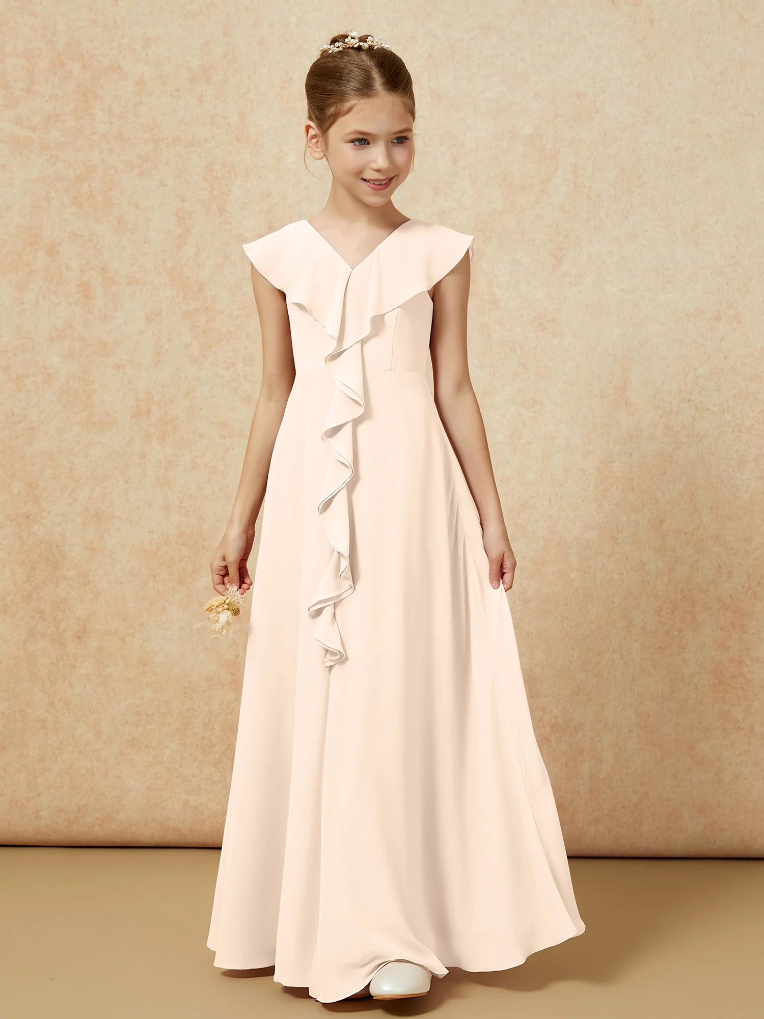 V-neck Ruffle Chiffon Junior Bridesmaid Dresses With Slit Peach - Image 5