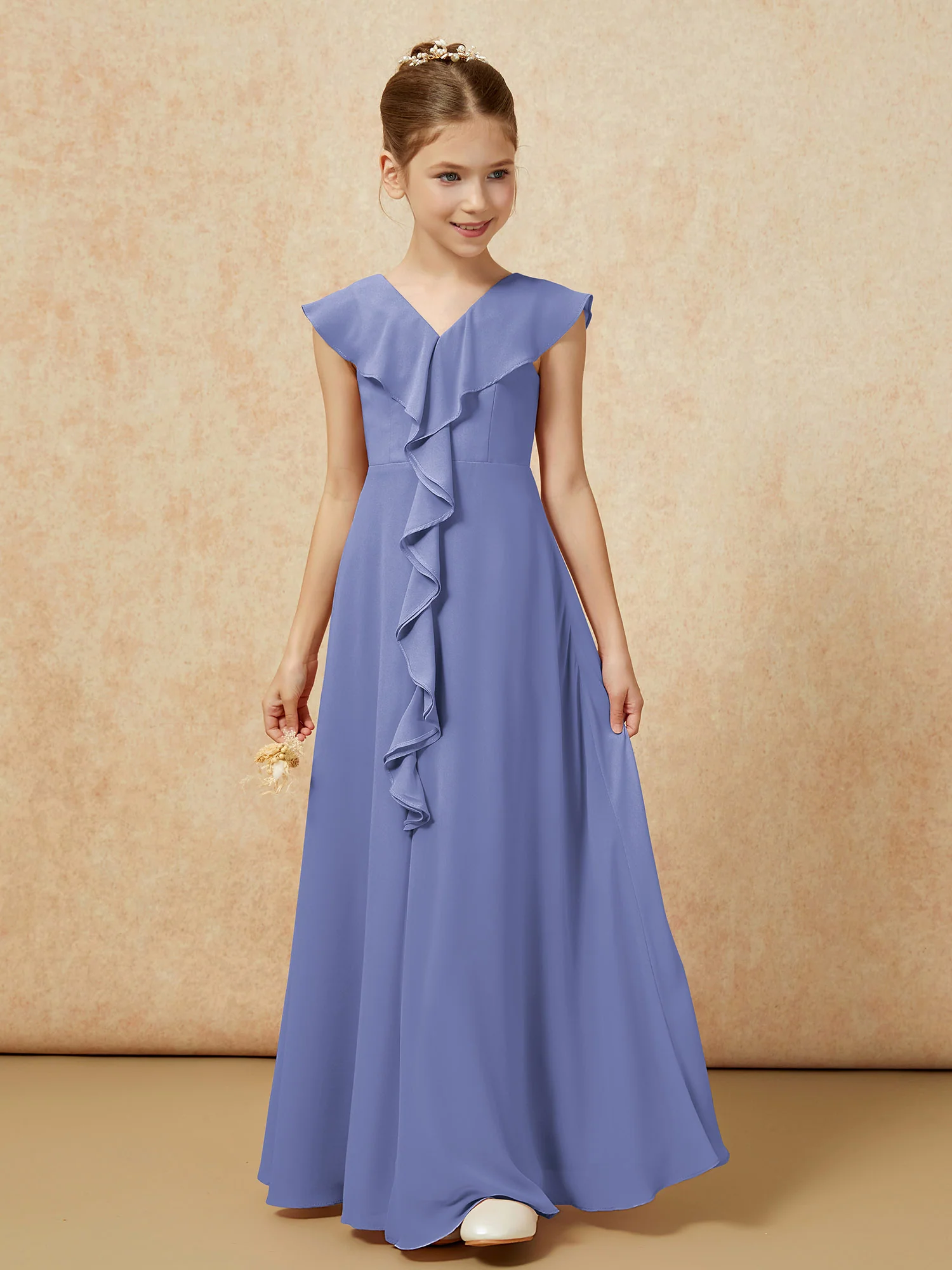 V-neck Ruffle Chiffon Junior Bridesmaid Dresses With Slit Periwinkle - Image 5