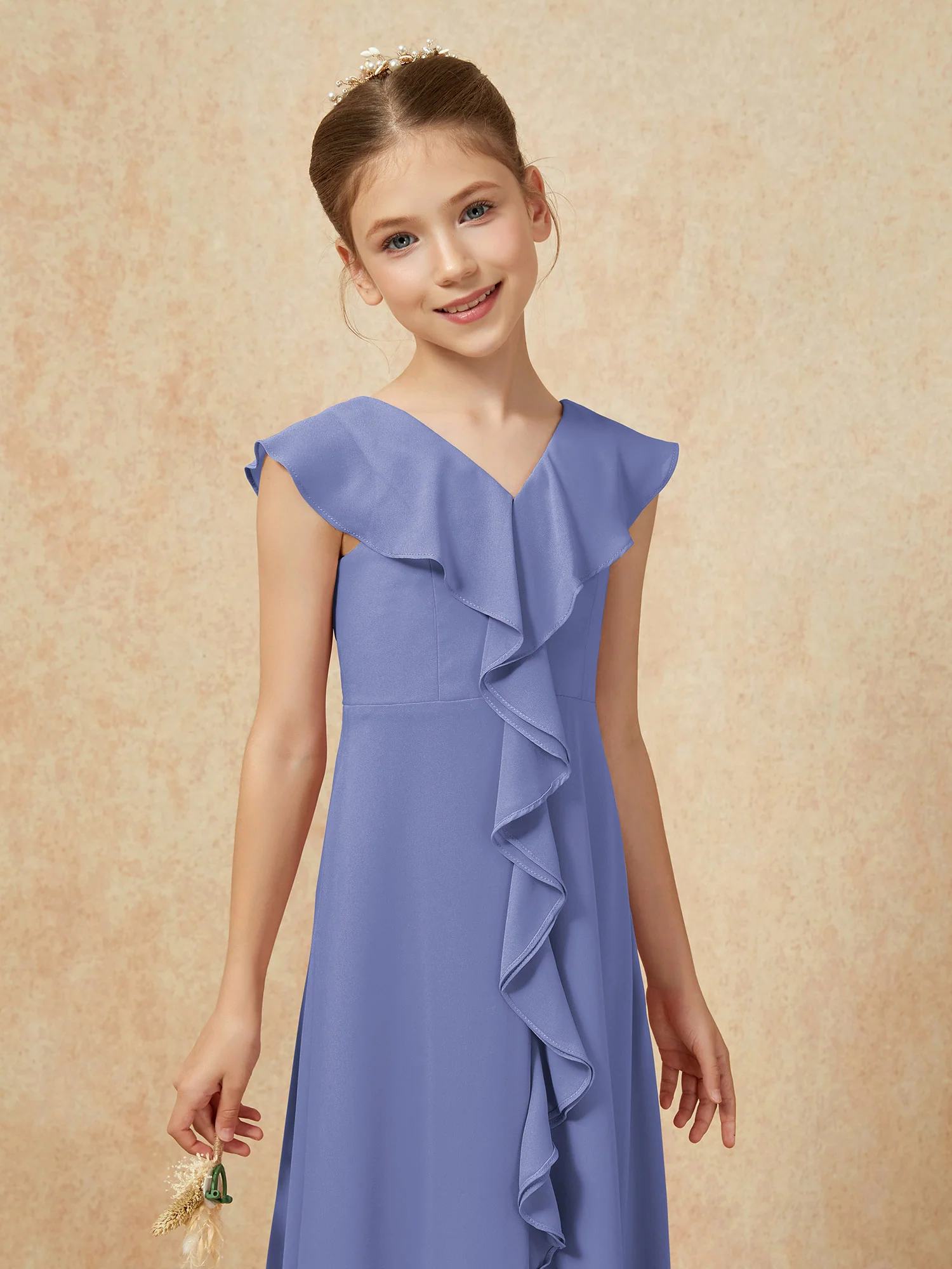 V-neck Ruffle Chiffon Junior Bridesmaid Dresses With Slit Periwinkle - Image 6