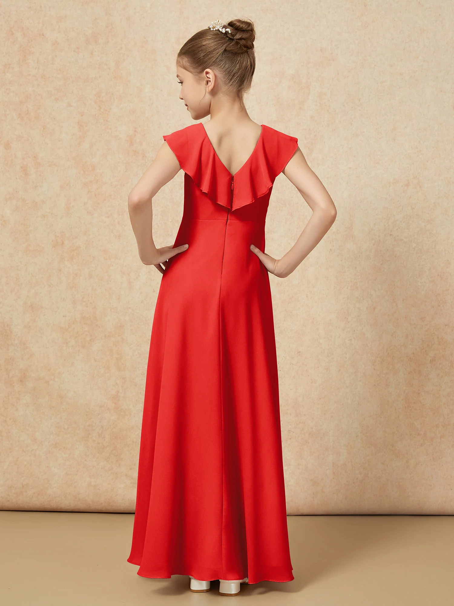 V-neck Ruffle Chiffon Junior Bridesmaid Dresses With Slit Red - Image 2
