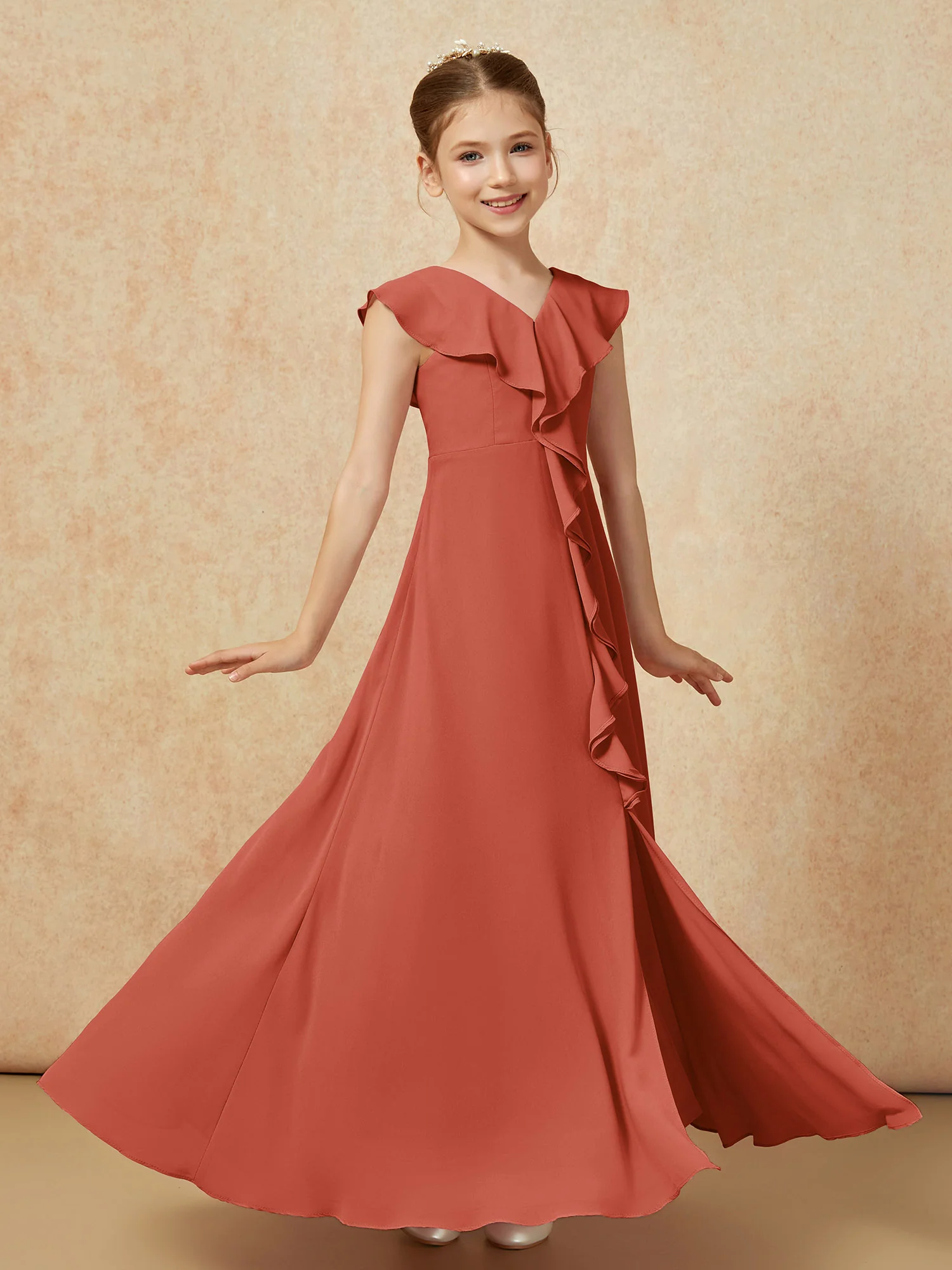 V-neck Ruffle Chiffon Junior Bridesmaid Dresses With Slit Rust - Image 3