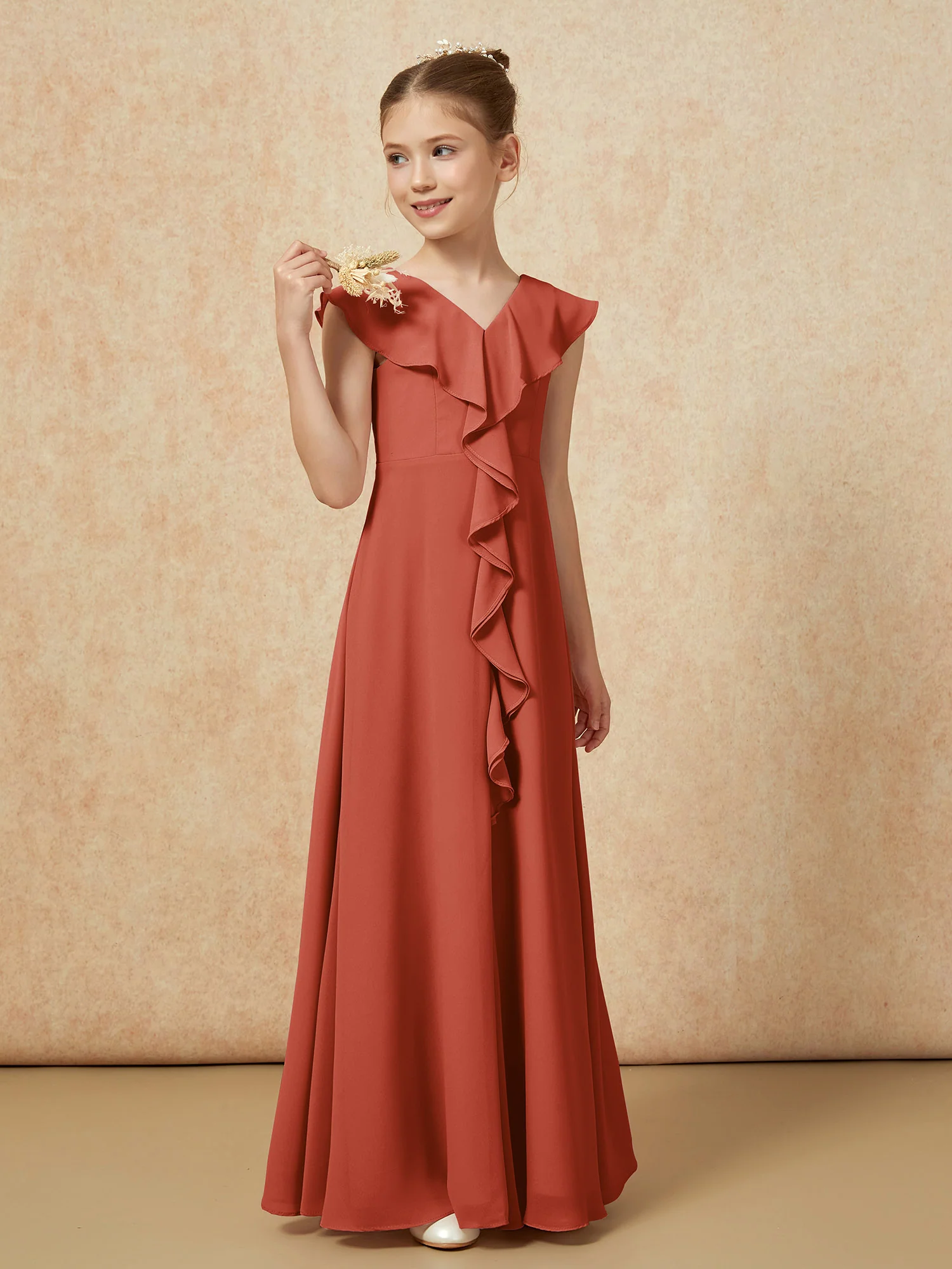 V-neck Ruffle Chiffon Junior Bridesmaid Dresses With Slit Rust - Image 4
