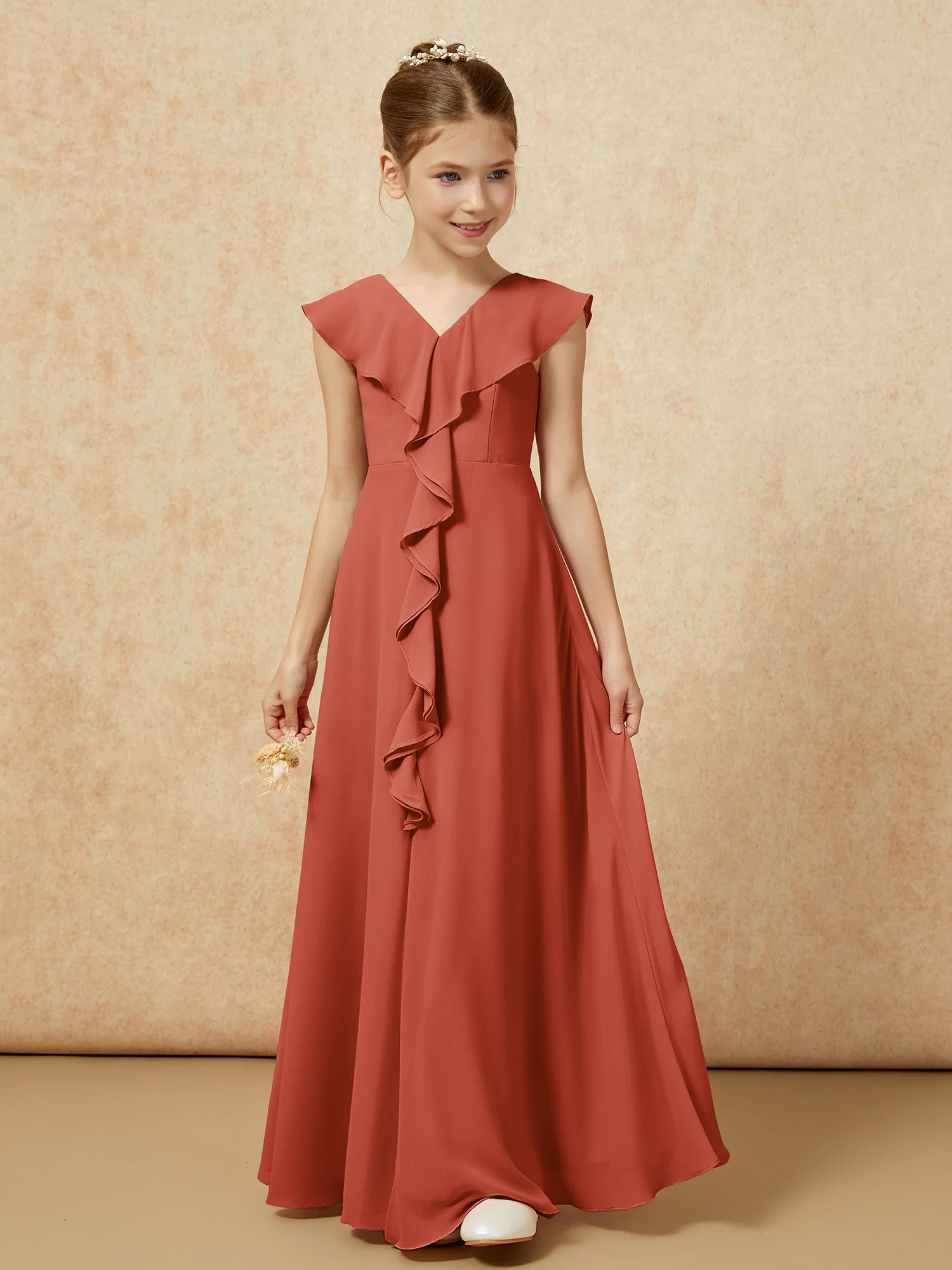 V-neck Ruffle Chiffon Junior Bridesmaid Dresses With Slit Rust - Image 5
